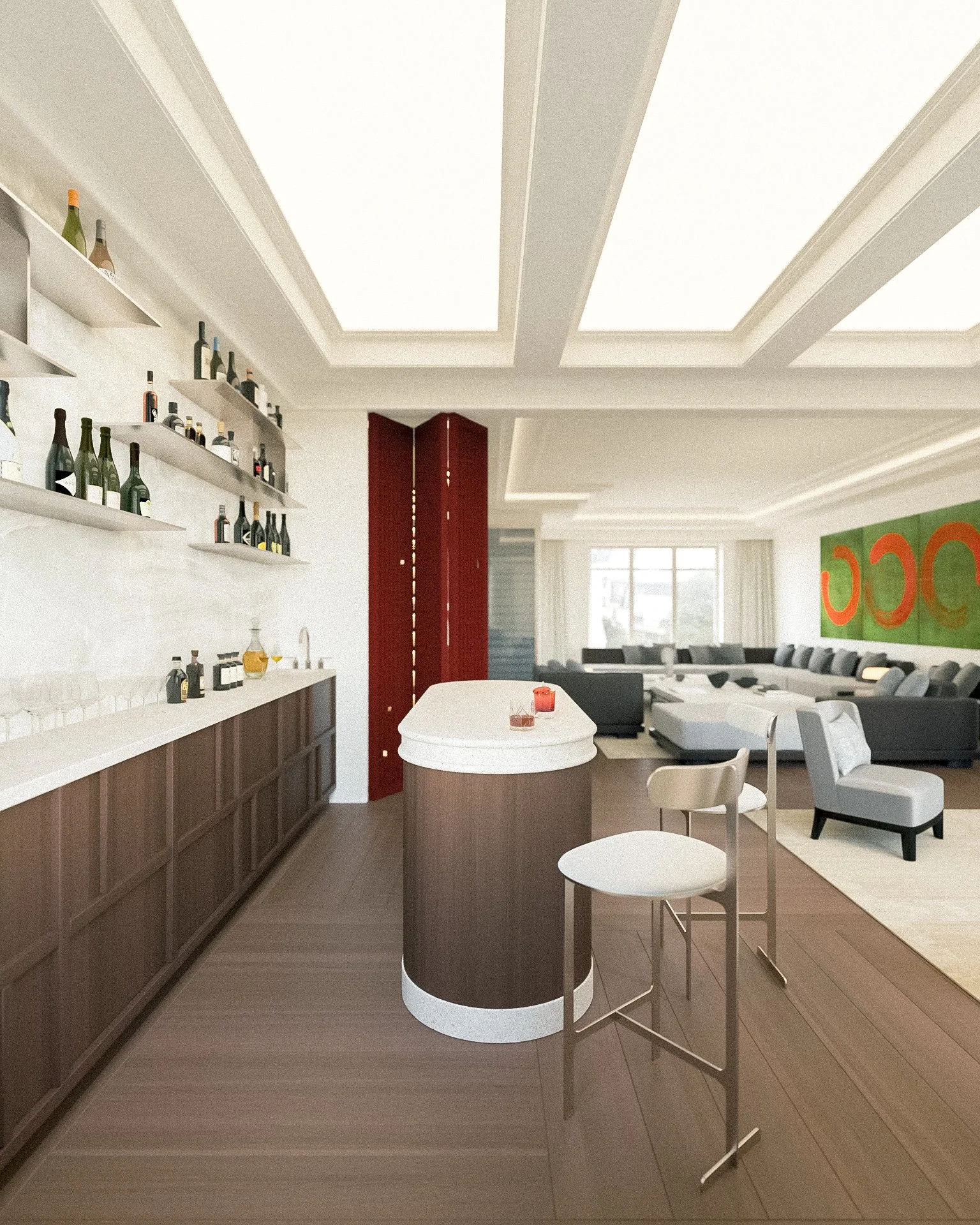 Intérieur d'un salon moderne avec une cuisine ouverte, un bar en bois avec comptoir blanc, étagères avec bouteilles, un grand canapé gris, une œuvre d'art colorée sur le mur et une grande fenêtre laissant entrer la lumière.