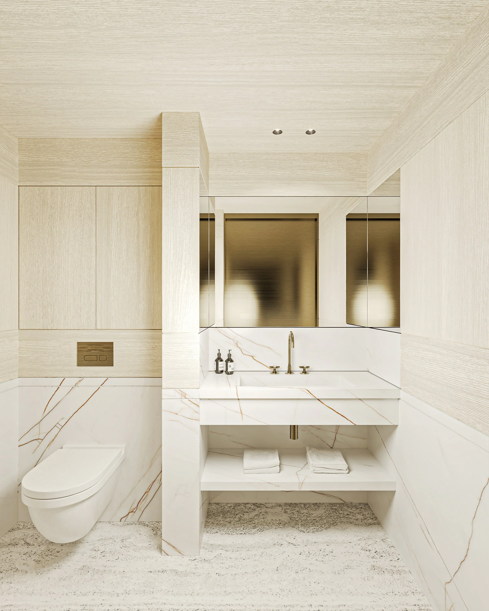 Salle de bain moderne avec WC, lavabo en marbre, miroir, et murs en bois clair.