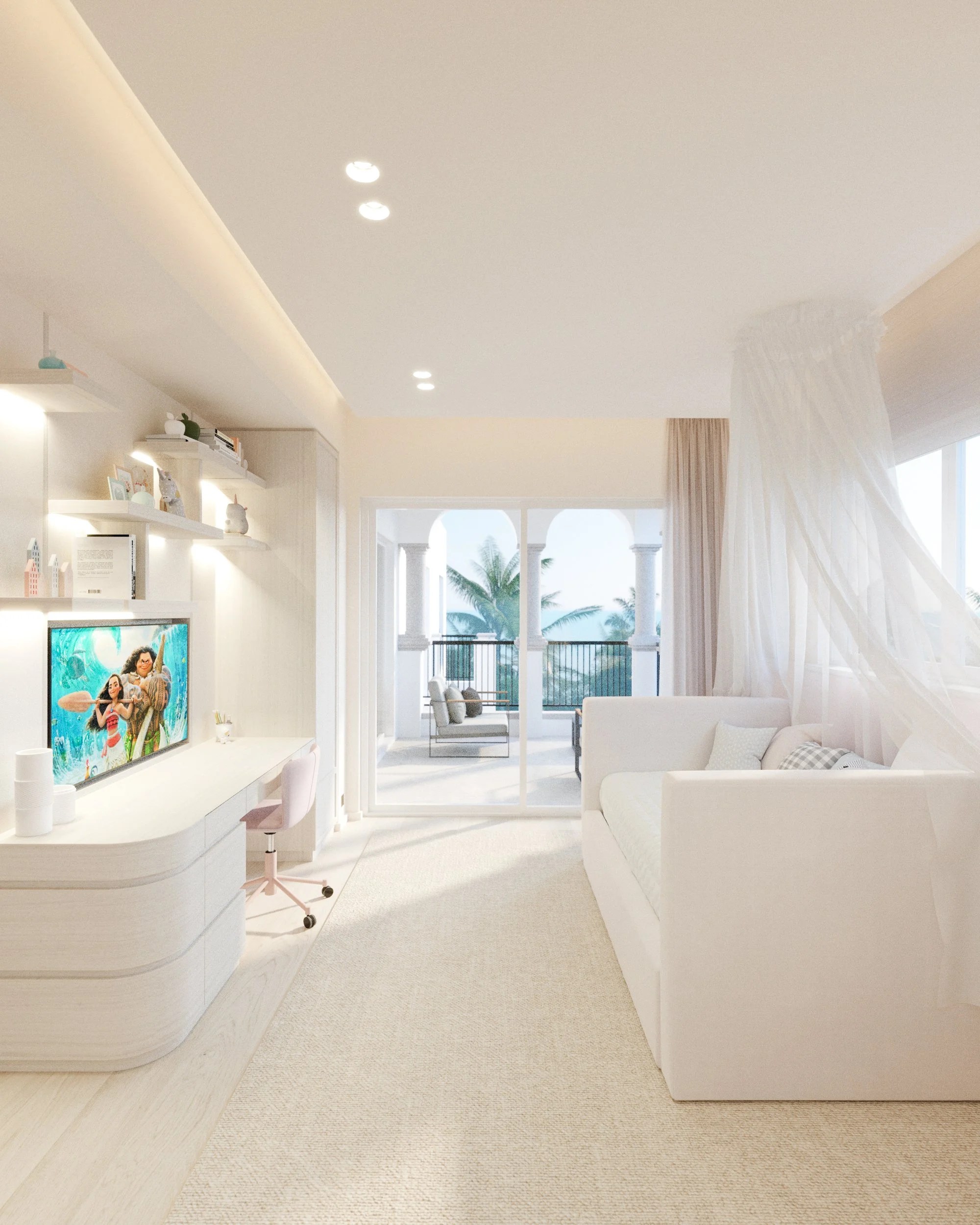 Salon lumineux avec canapé blanc, télévision, bibliothèque, et une terrasse avec vue sur des palmiers tropicals.