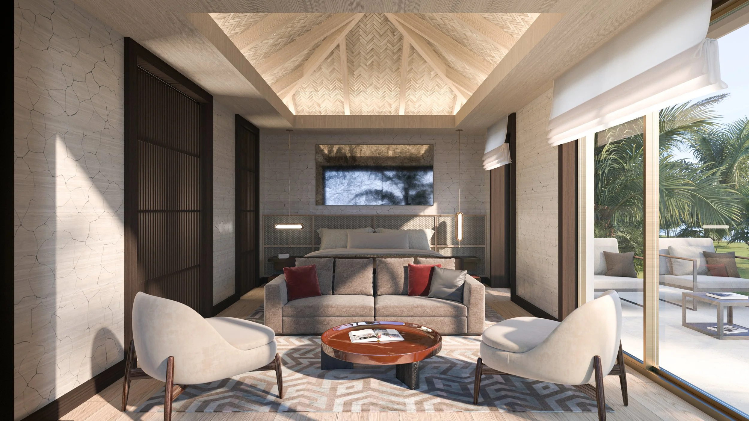 Salon spacieux avec grande fenêtre donnant sur un espace extérieur avec des fauteuils en plein air et des arbres verts.