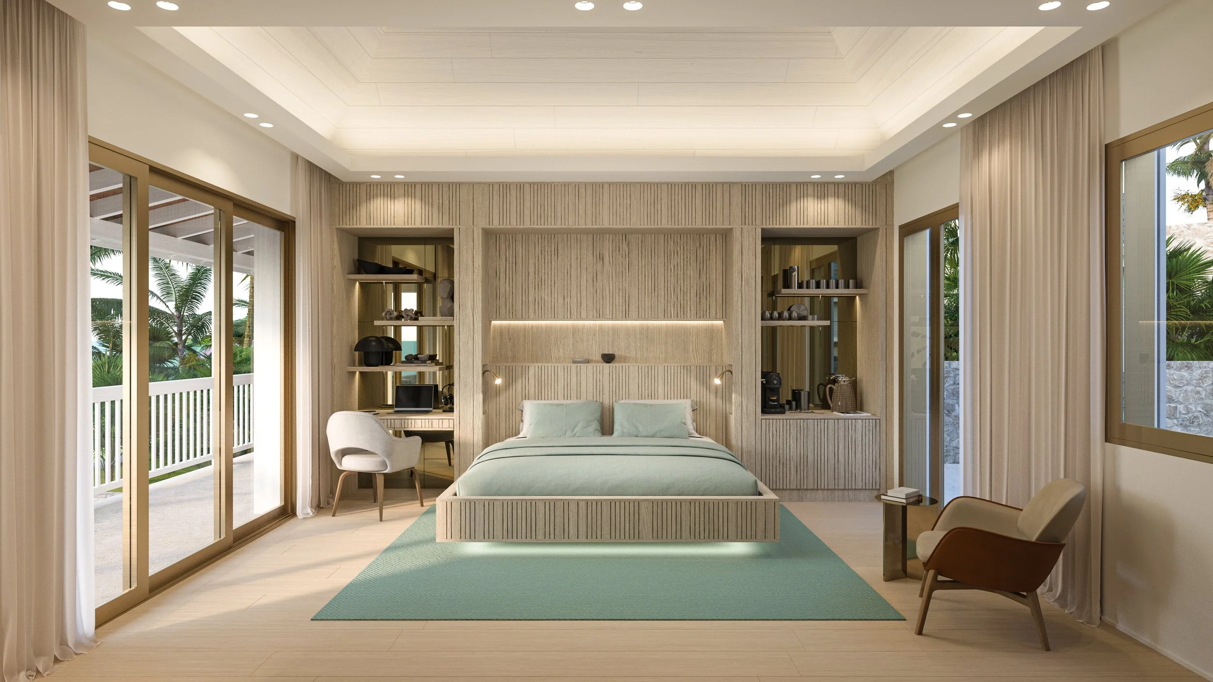 Chambre d'hôtel moderne avec lit à baldaquin, mobilier en bois clair, grande fenêtre avec voilage, mur en bois beige, étagères avec livres et décorations, fauteuils, tapis turquoise, vue sur le jardin extérieur.