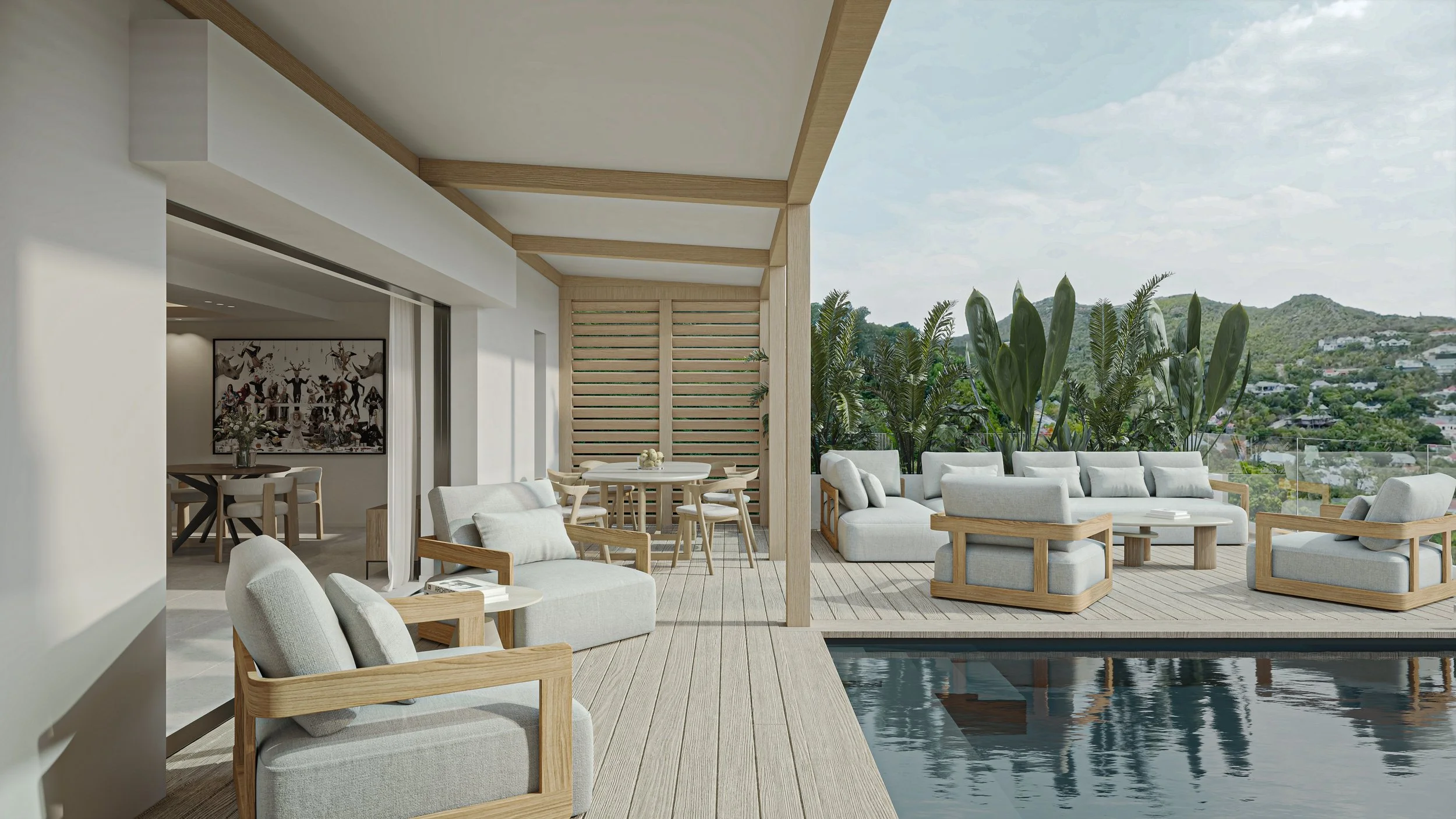 Terrasse moderne avec mobilier en bois et coussins, vue sur un jardin avec des plantes vertes et une ville en arrière-plan.