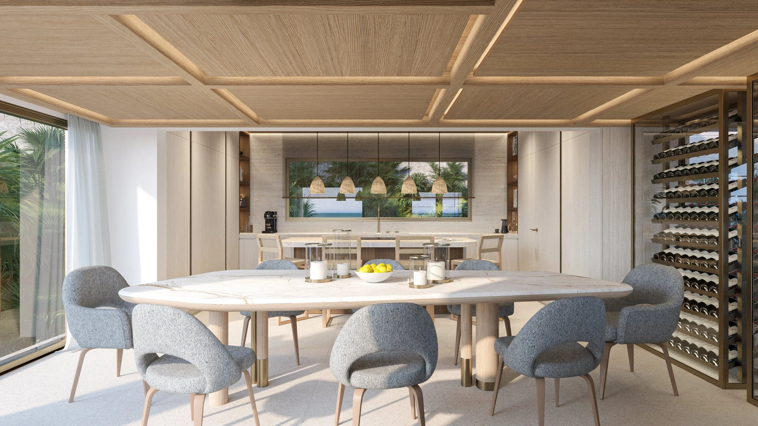 Salle à manger moderne avec table en marbre, chaises en tissu gris, lampe en rotin suspendue, grand fenêtre avec vue sur la nature, et cave à vin intégrée.