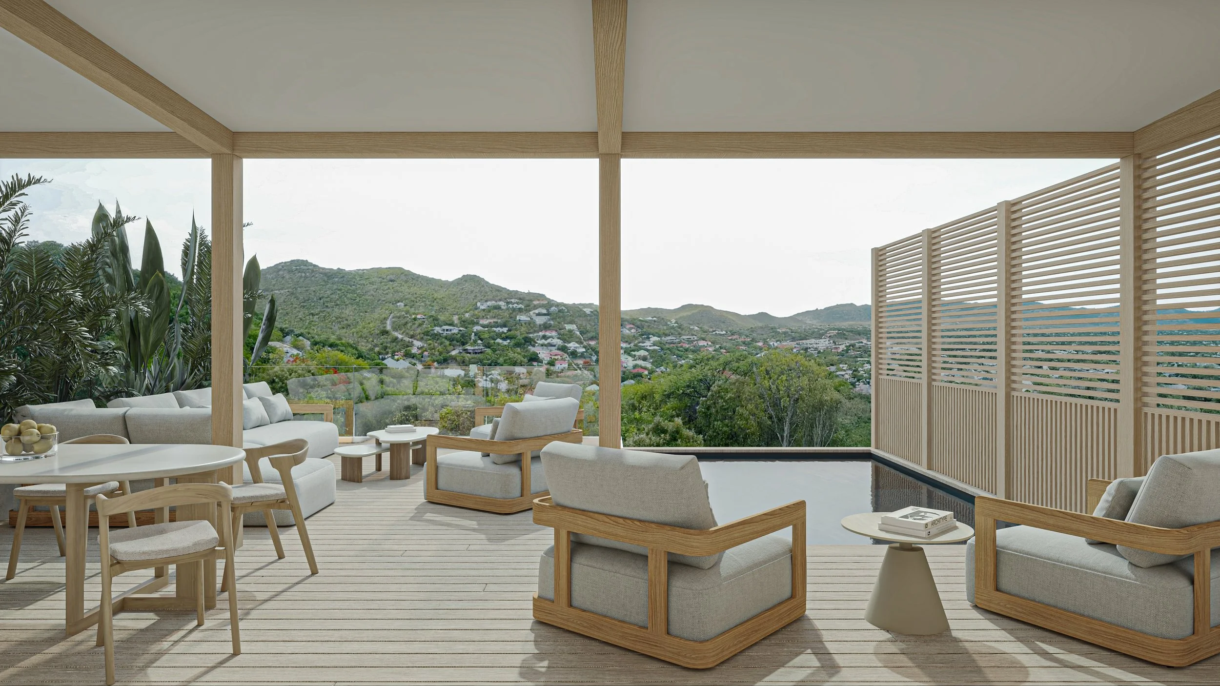 Terrasse moderne avec mobilier en bois clair, vue sur la nature et les montagnes en arrière-plan.