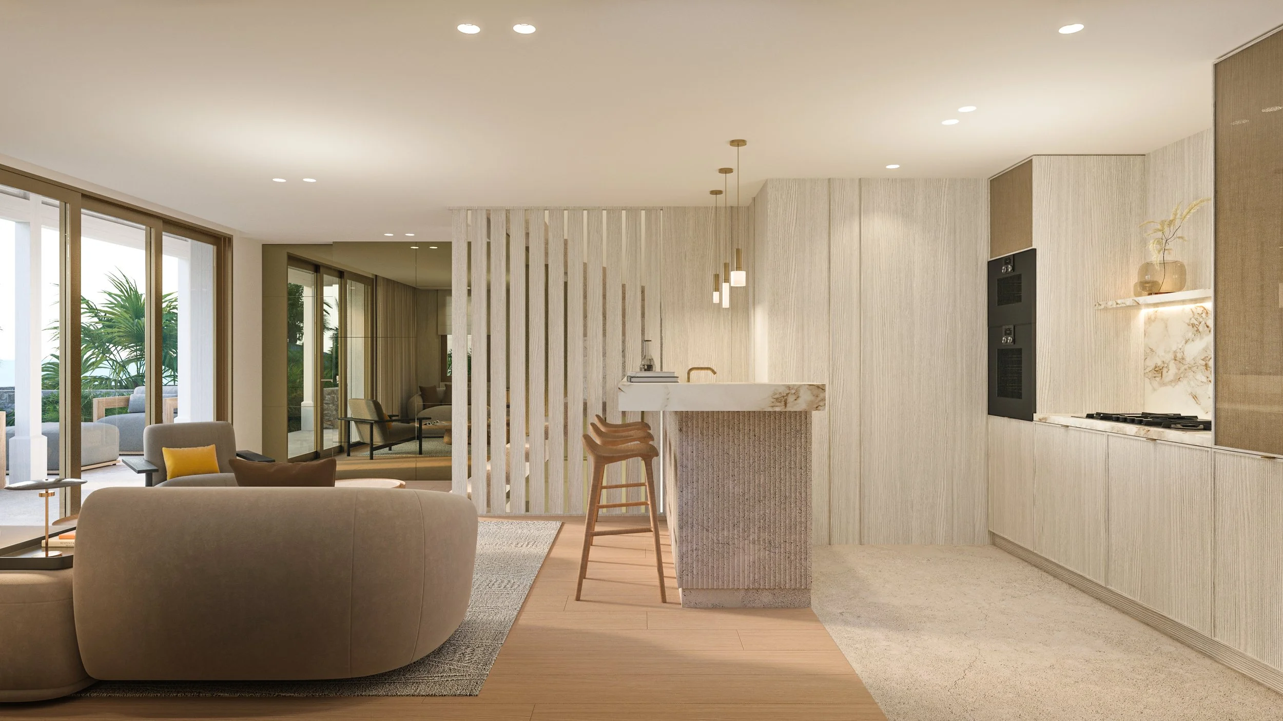 Intérieur moderne d'un salon et d'une cuisine avec meubles beige, bar en marbre, fauteuils confortables, plantes vertes, grandes fenêtres laissant entrer la lumière naturelle, décor épuré et chaleureux.