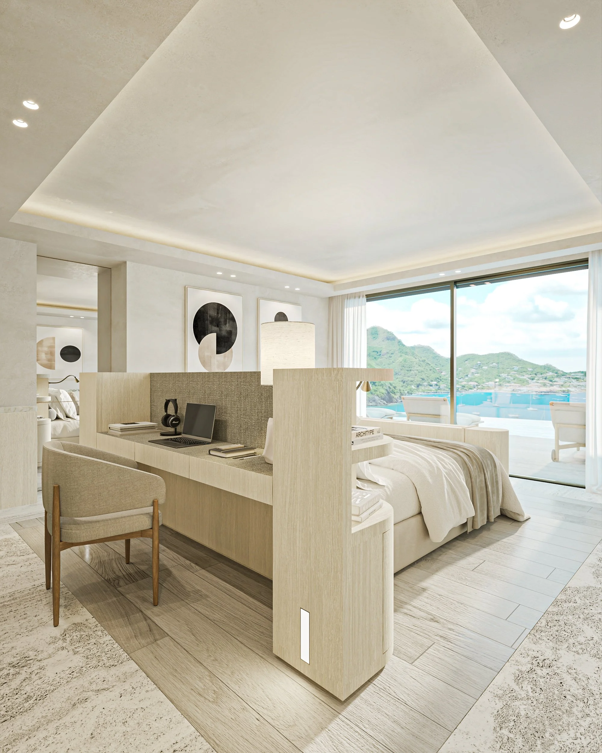 Chambre d'hôtel moderne avec vue sur la baie, lit, bureau, chaise et décoration minimaliste, laissant entrer la lumière naturelle.