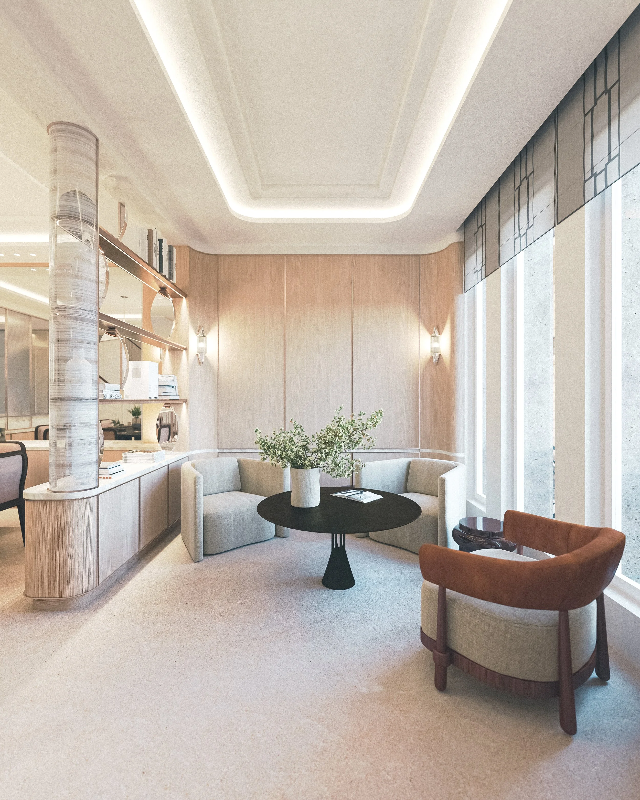 Salon moderne avec canapé gris en forme de coin, table ronde noire avec vase de fleurs, fauteuil en cuir marron, murs en bois clair, grande fenêtre avec voilage, lampe murale.