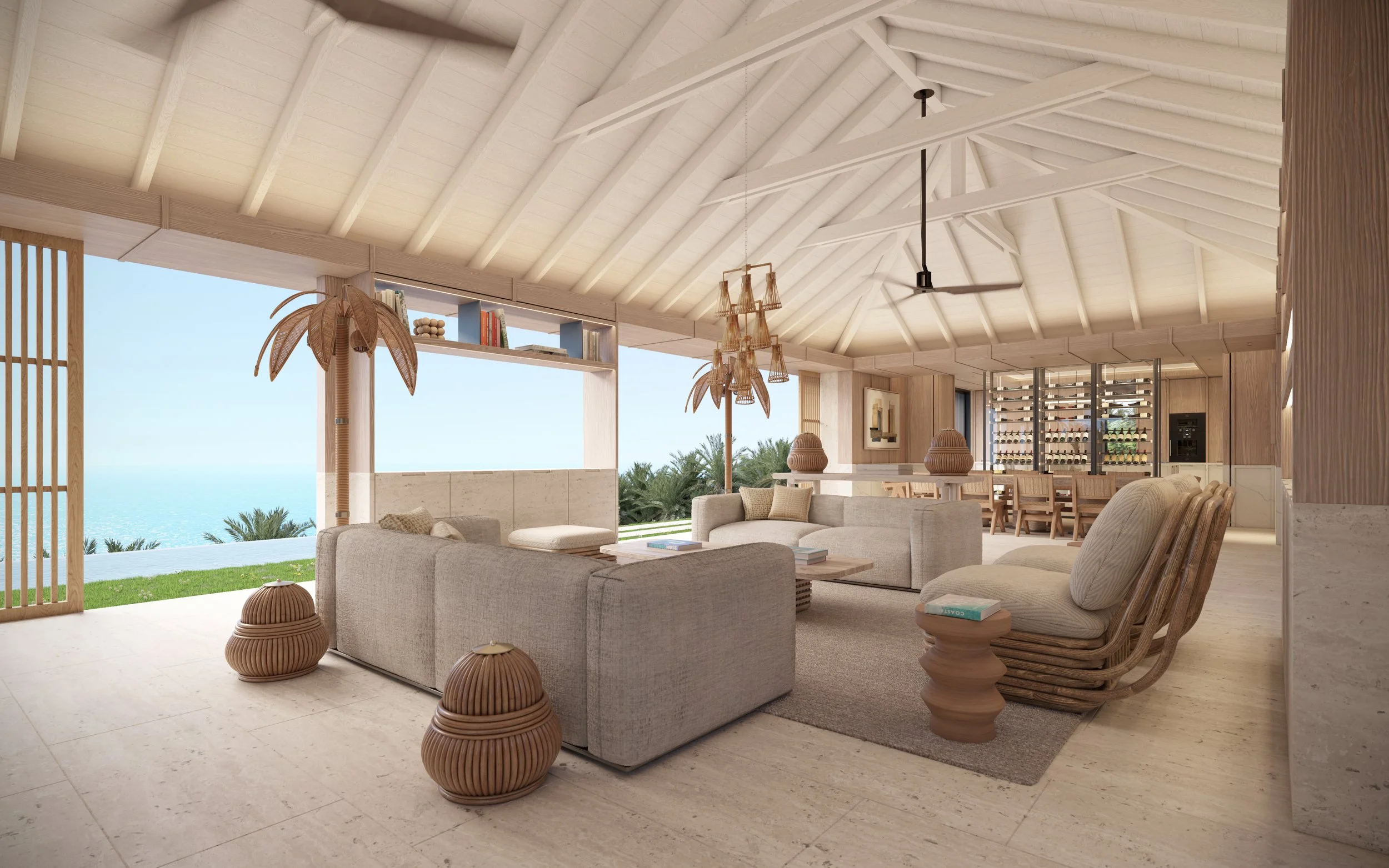 Salon lumineux avec canapé, fauteuils en bois, table basse en bois, vue sur la mer, décor en bois naturel et ambiance tropicale.