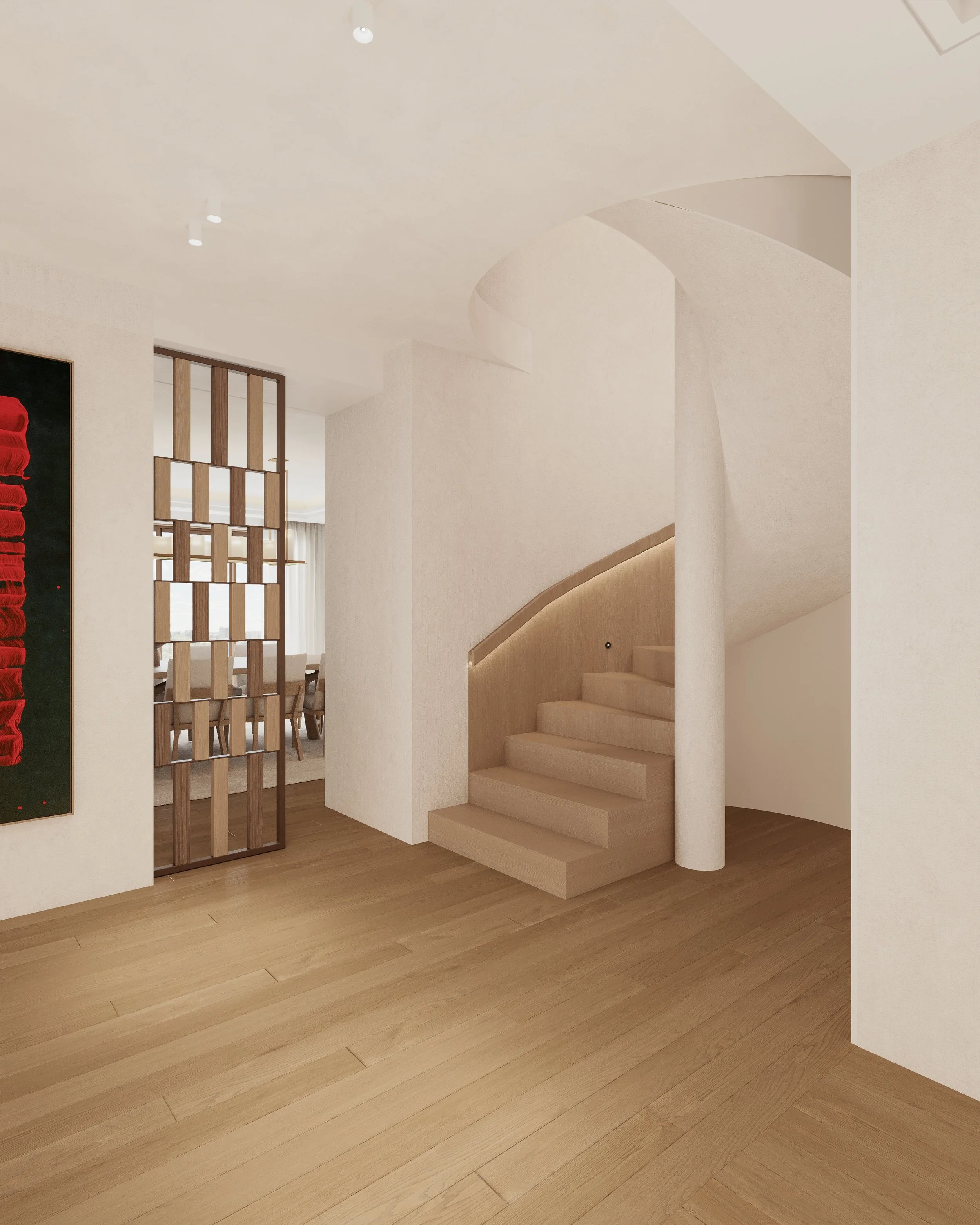 Intérieur moderne avec escalier en bois clair, mur blanc, et partition en bois décorative séparant l'espace de la salle à manger au fond.