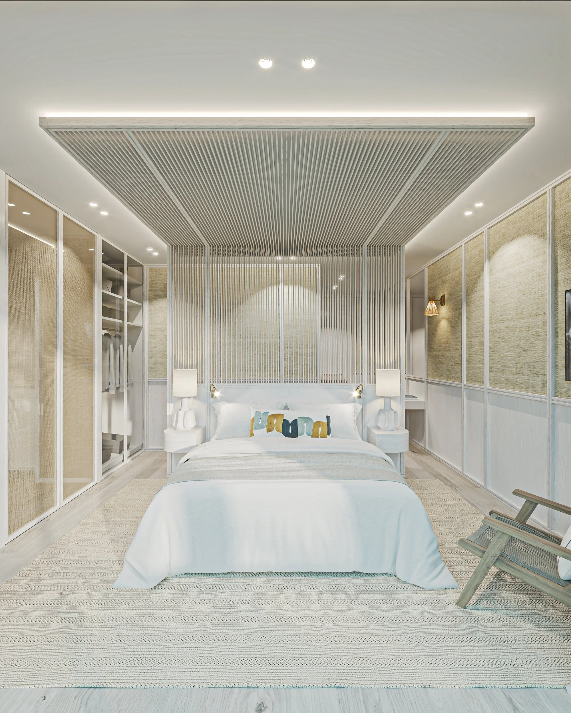 Chambre moderne avec lit blanc, tables de nuit avec lampes, mur en bois clair, meubles intégrés, décor minimaliste, tapis en fibres naturelles, chaise en bois, éclairage doux.