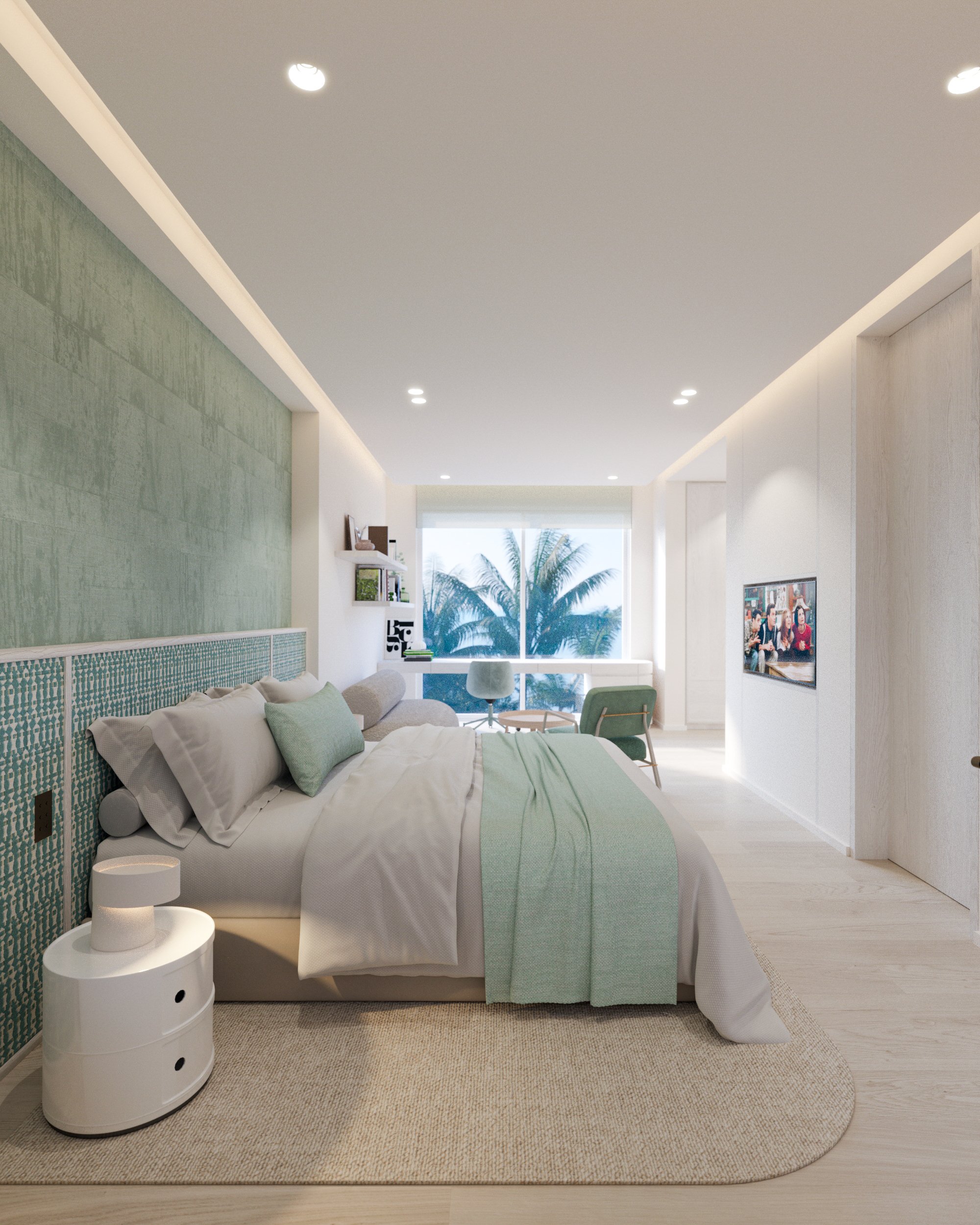 Chambre moderne avec un lit, table de nuit, fauteuils près d'une fenêtre avec vue sur des palmiers.