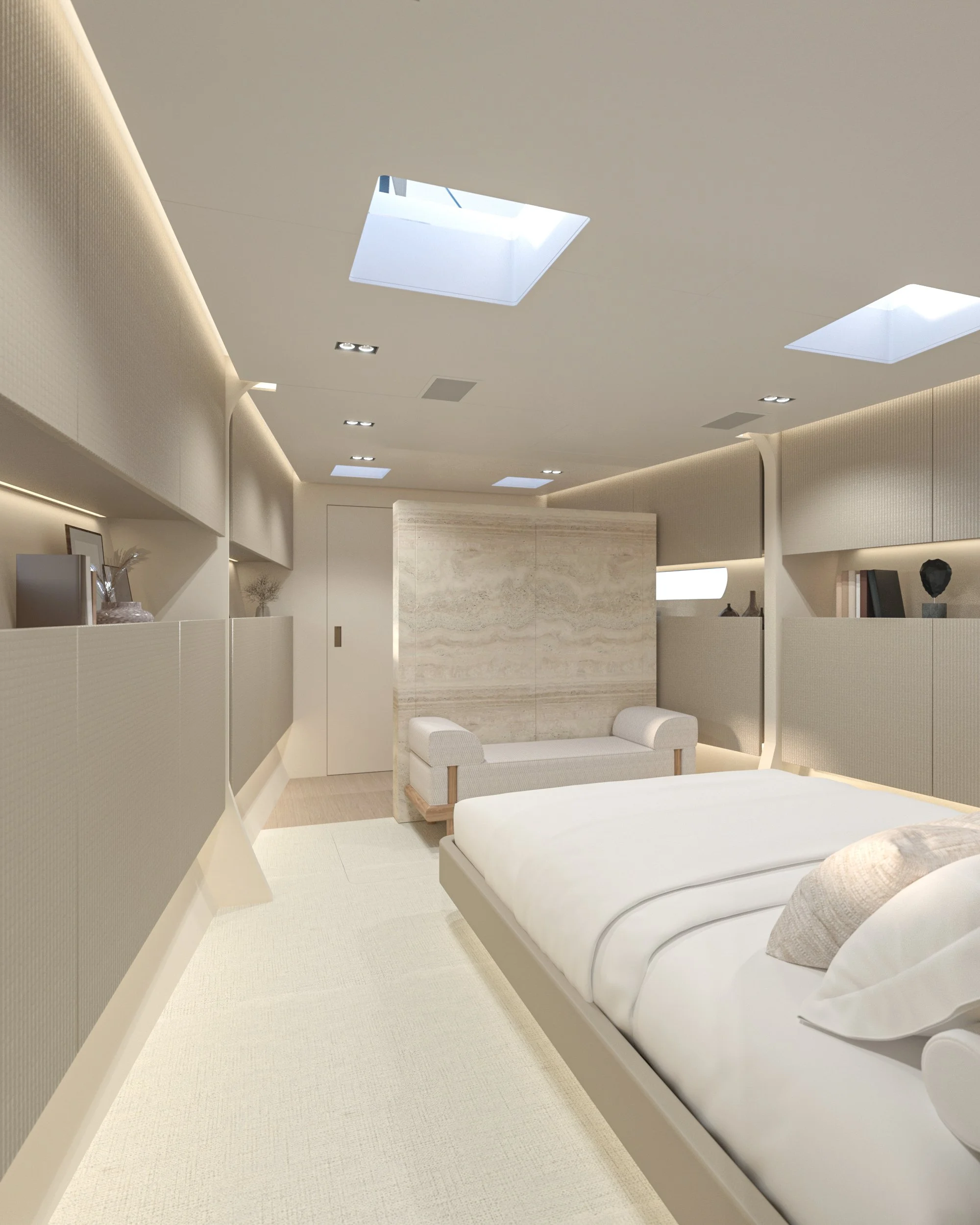 Chambre moderne avec lit blanc, canapé et éclairage intégré, plafond avec fenêtres de toit, décoration minimaliste