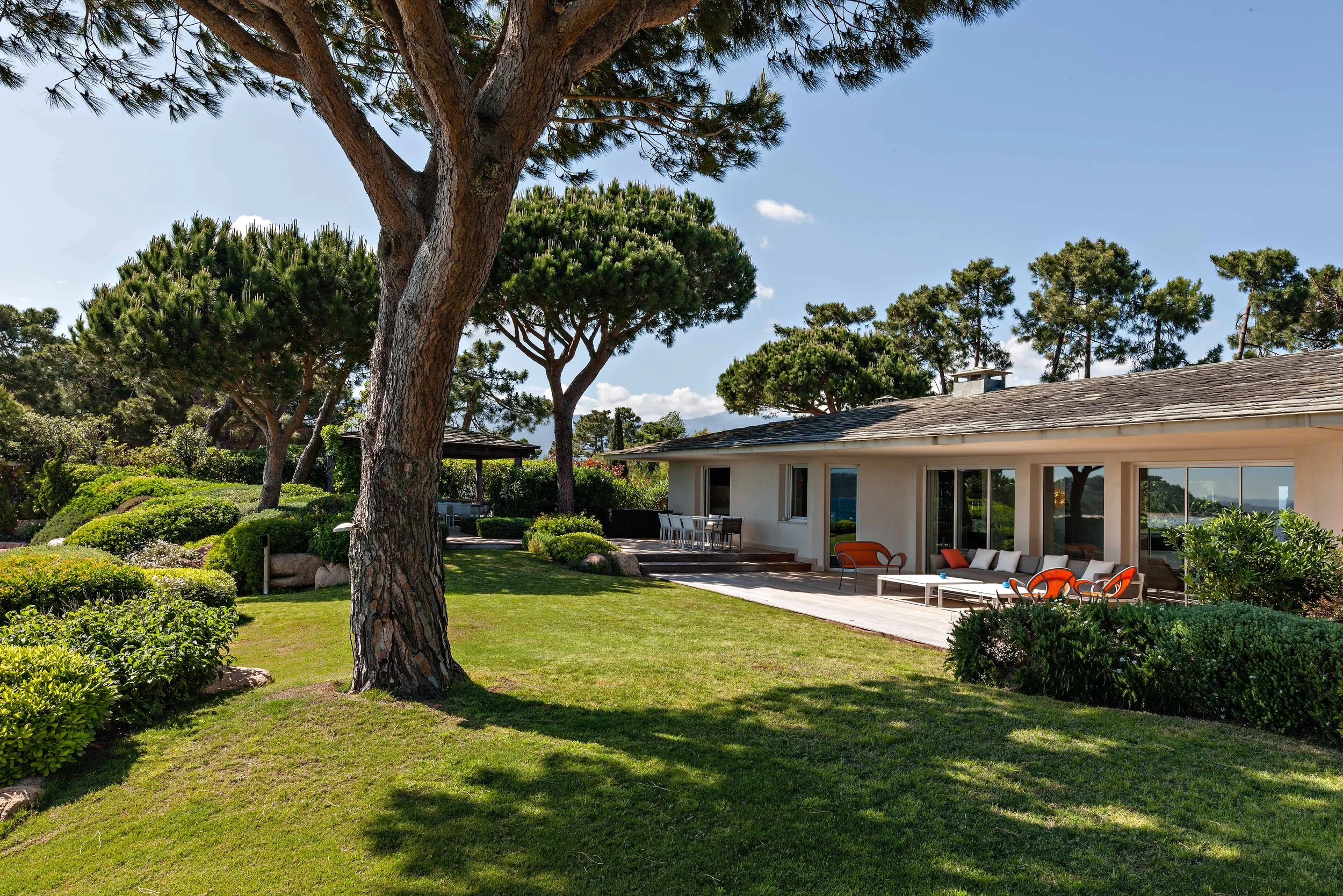 Maison moderne avec terrasse, salon extérieur, grand arbre, jardin bien entretenu et paysage en arrière-plan.