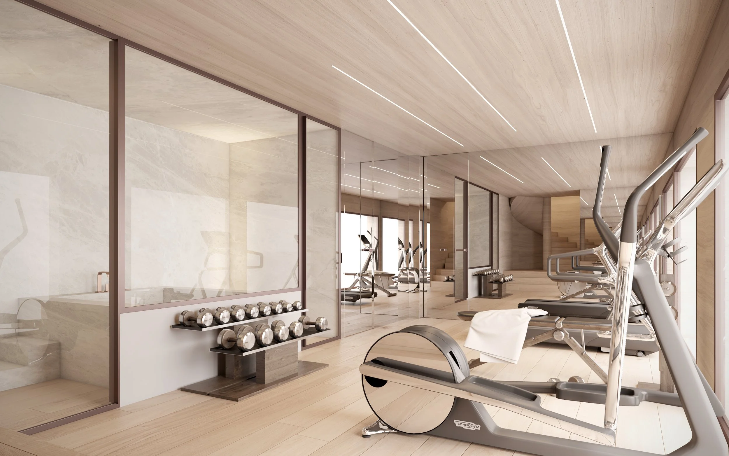 Salle de sport moderne avec équipements de musculation et de cardio, murs en miroir, sol en bois clair, espace lumineux
