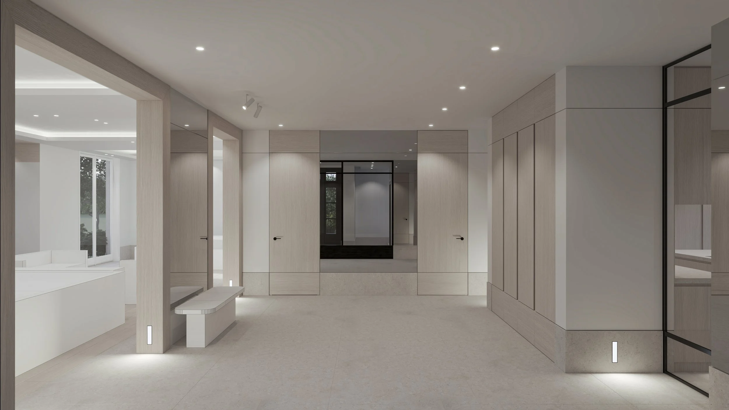 Intérieur moderne d'une maison ou appartement avec murs en bois clair, sol en carrelage beige, et éclairage intégré au plafond, avec portes et fenêtres en verre.