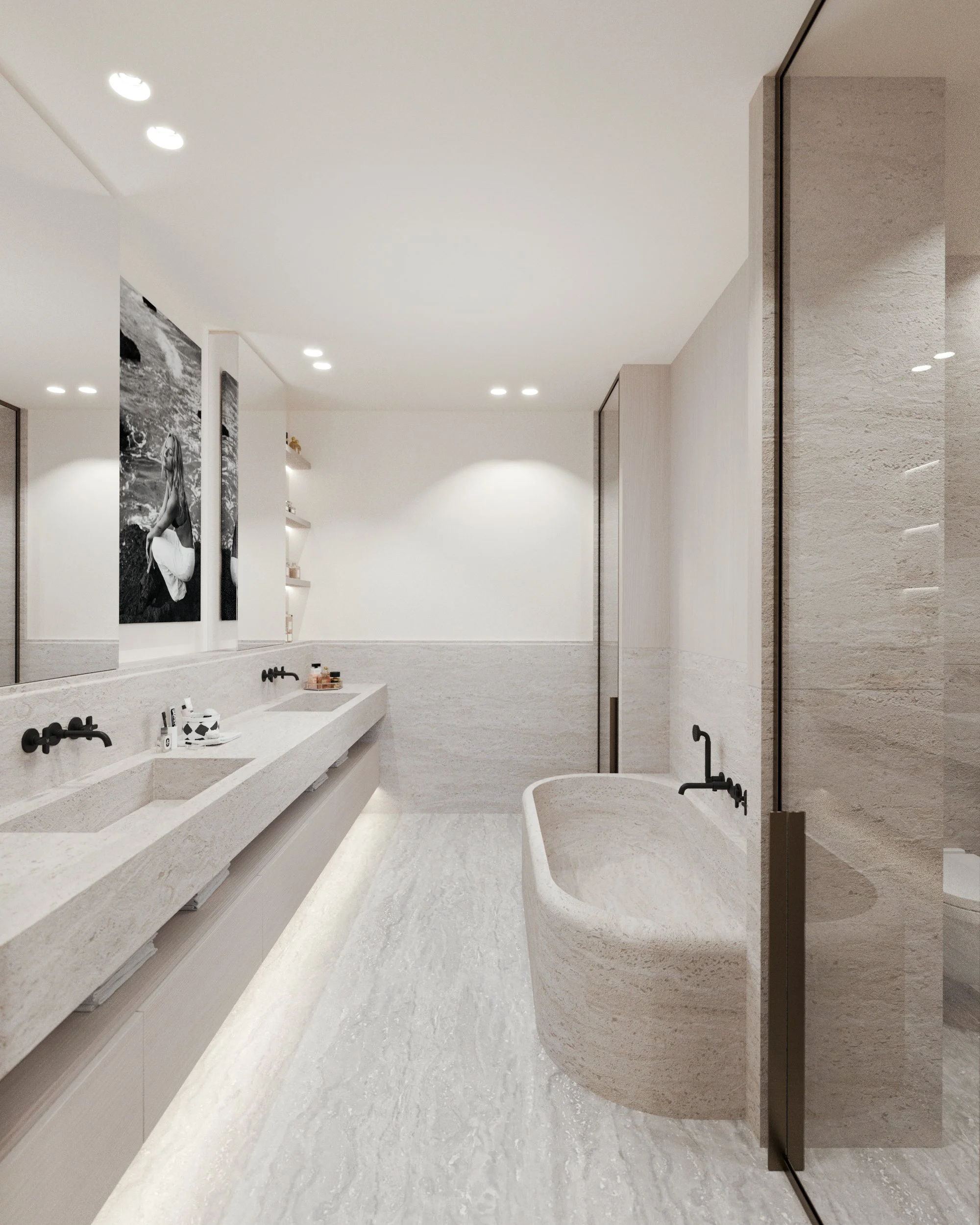 Salle de bain moderne avec double lavabo, miroir, claustra en verre, baignoire en pierre