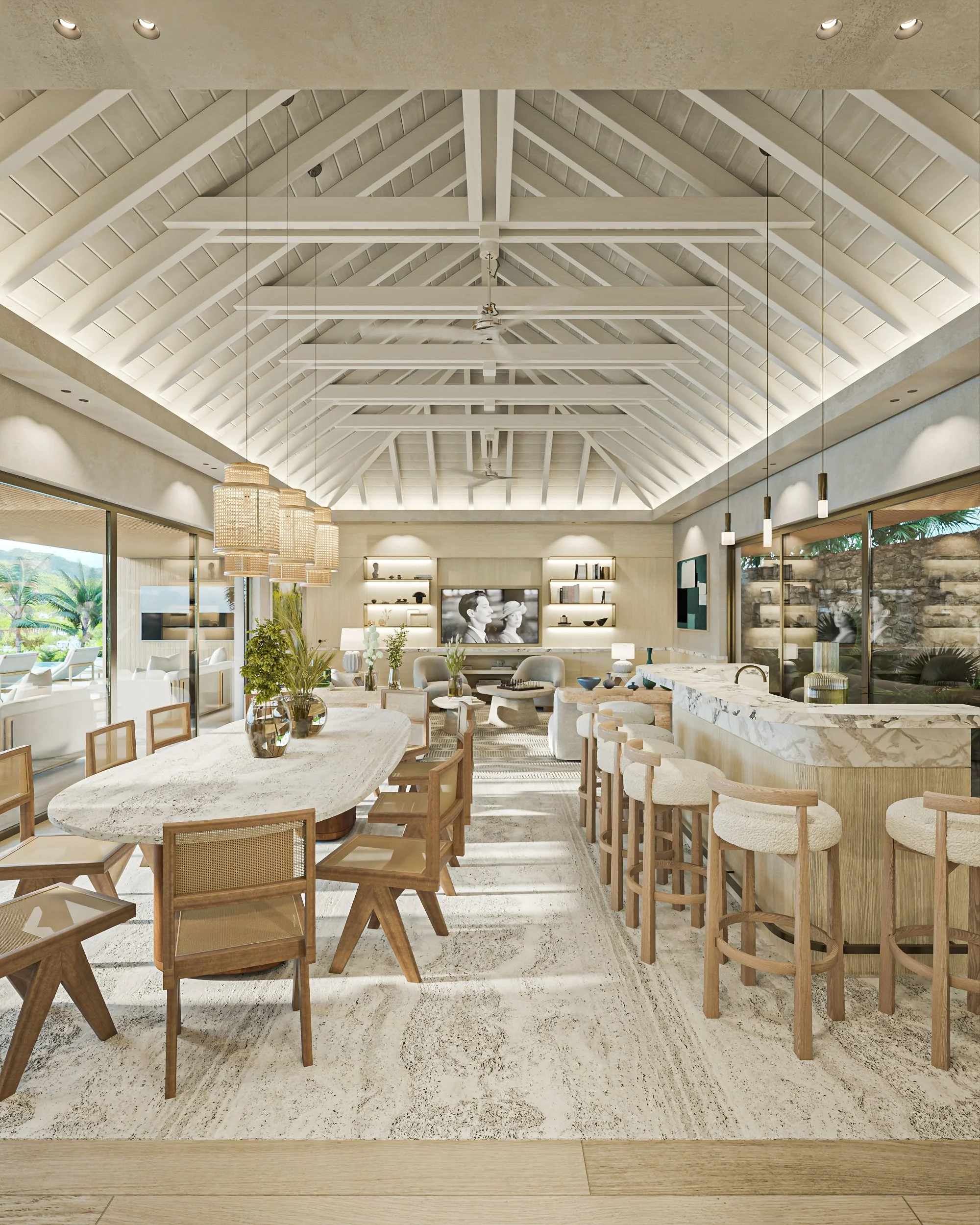 Salon intérieur avec plafond en poutres blanches, espace à manger avec table en marbre et chaises en bois, bar avec tabourets, mobilier moderne, grand vitrage laissant entrer la lumière naturelle.