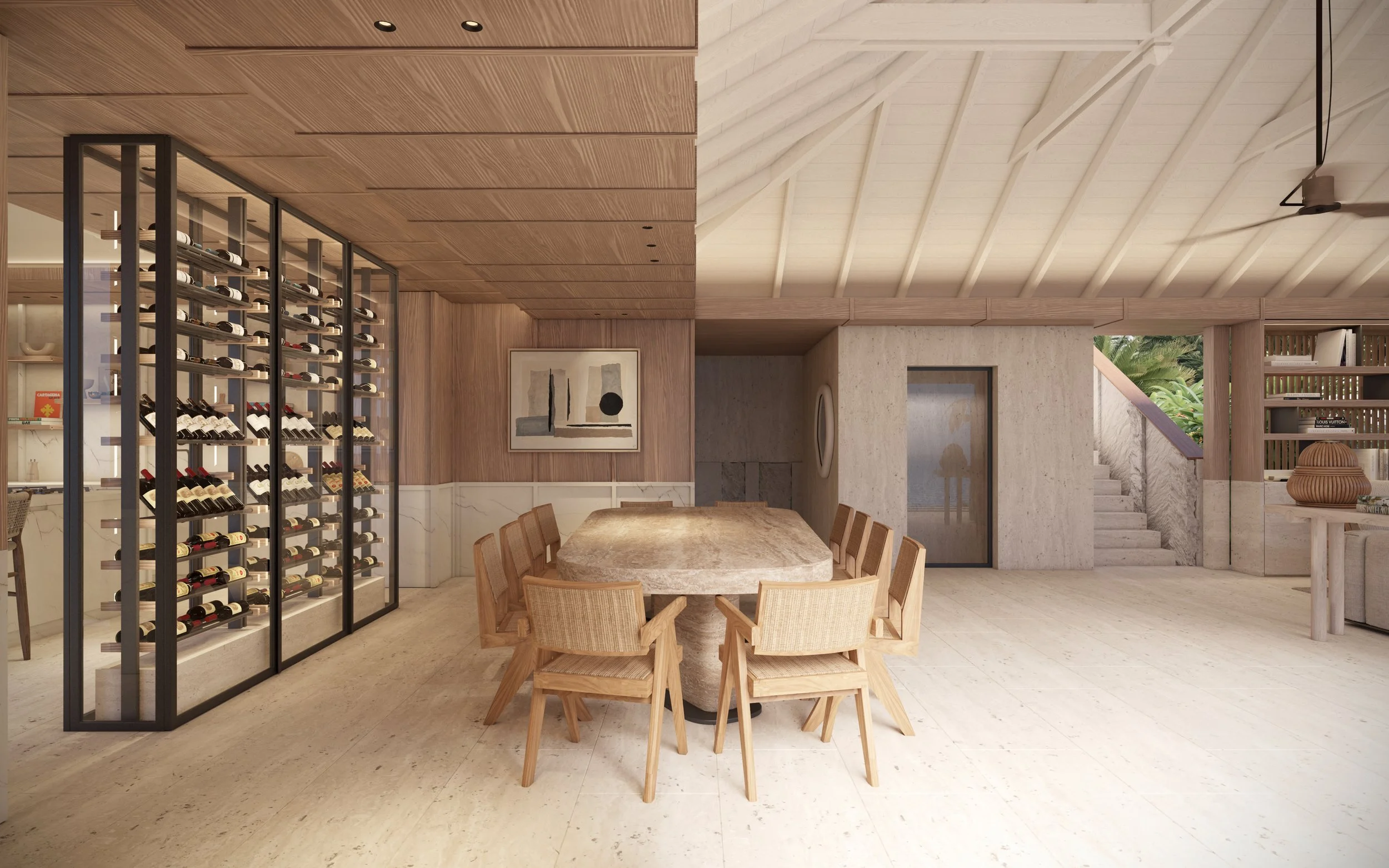 Intérieur d'une salle à manger moderne avec un grand table en pierre entourée de chaises en bois clair, murs en bois clair, un mur avec une œuvre d'art abstraite et une étagère à vin en métal noir