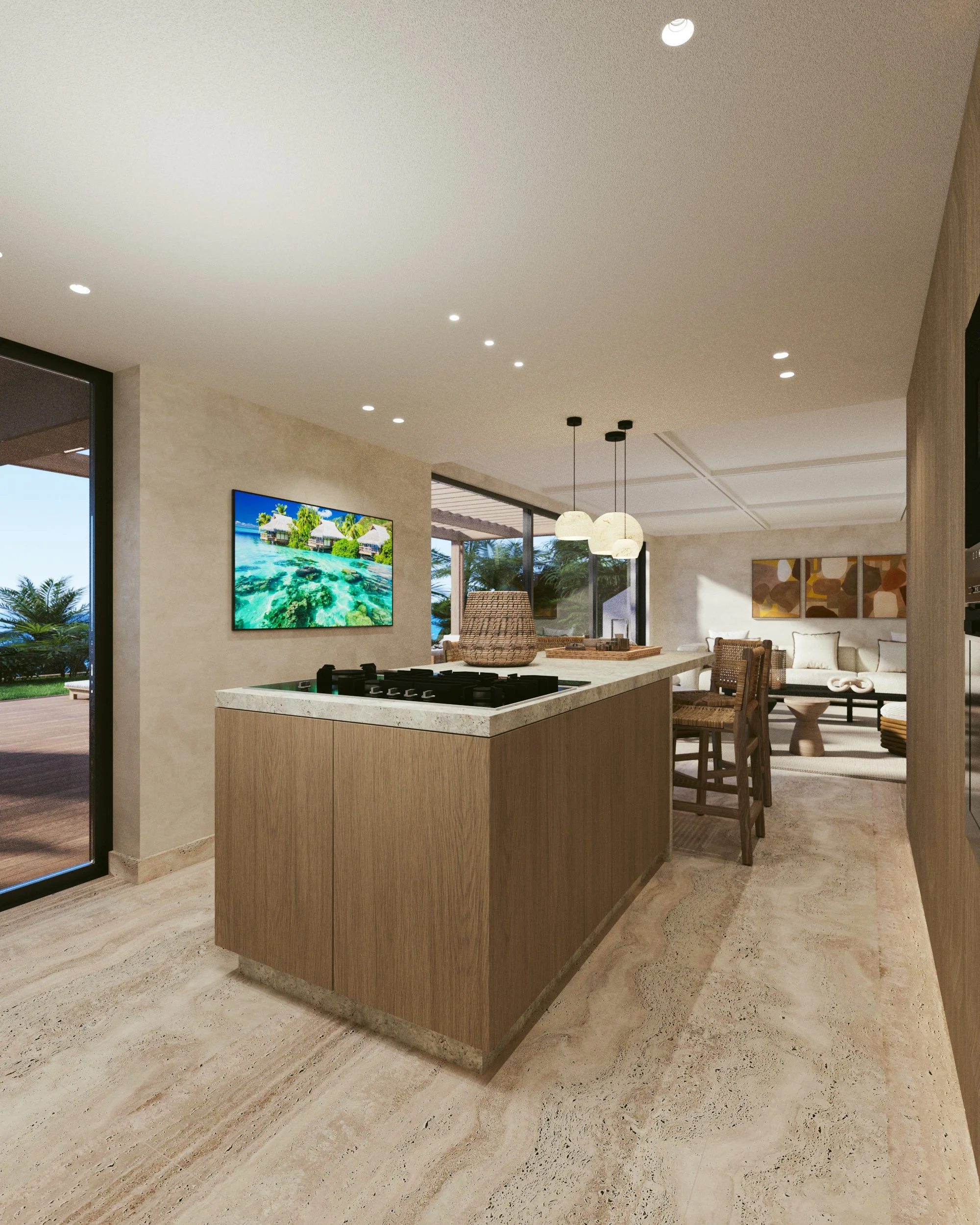 Intérieur moderne avec cuisine ouverte, îlot en bois, assises en bois, mural avec tableau abstrait, télévision montrant un paysage aqua et végétation, grande fenêtre vue sur un espace extérieur avec palmier.