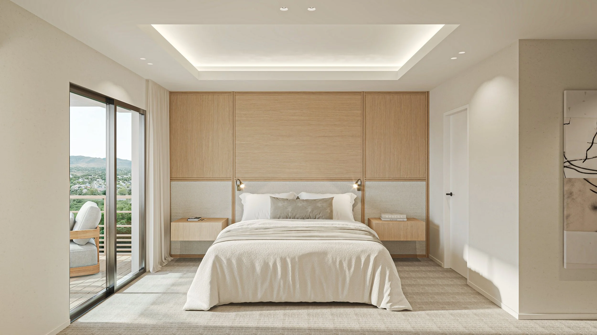 Chambre moderne avec lit double, tête de lit en bois, deux tables de nuit, deux lampes murales, balcon avec vue sur la nature, décoration épurée et lumière naturelle.