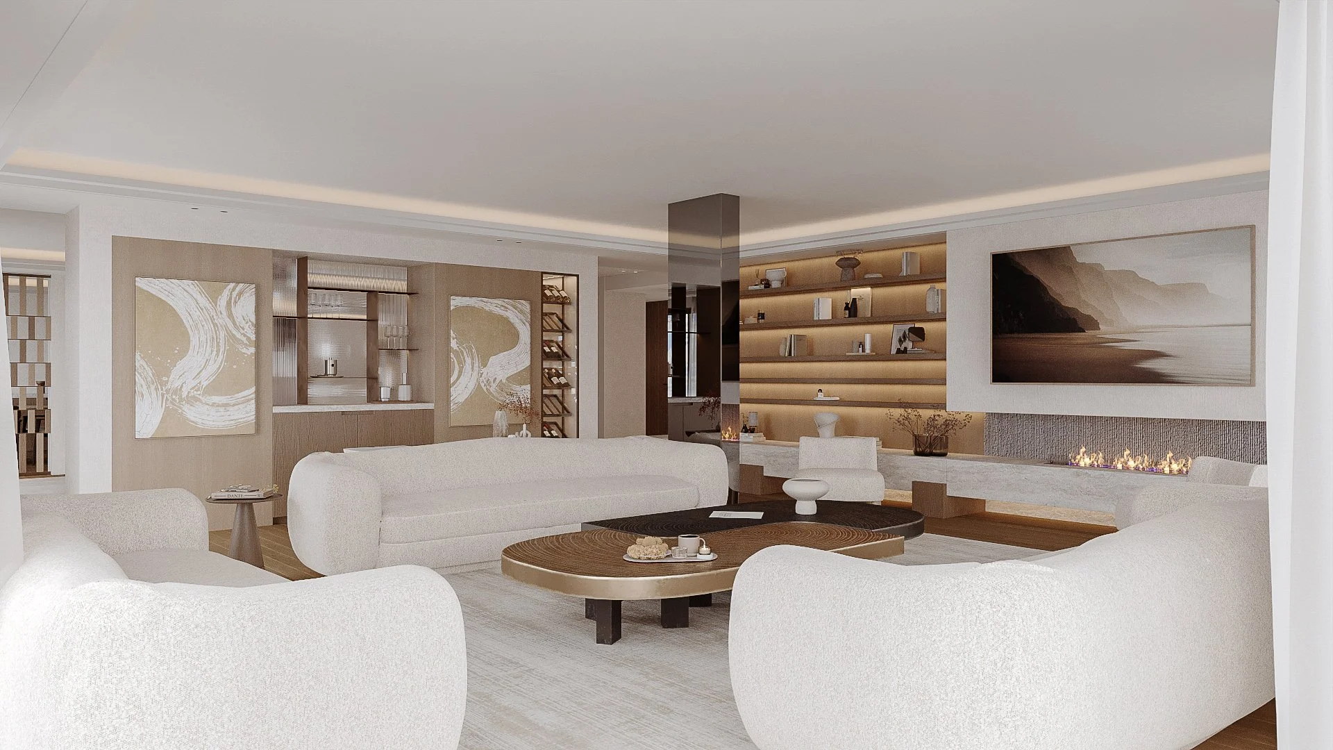 Salon moderne avec canapés blancs, table basse en bois, étagères avec livres, et grand tableau mural avec paysage côtier.