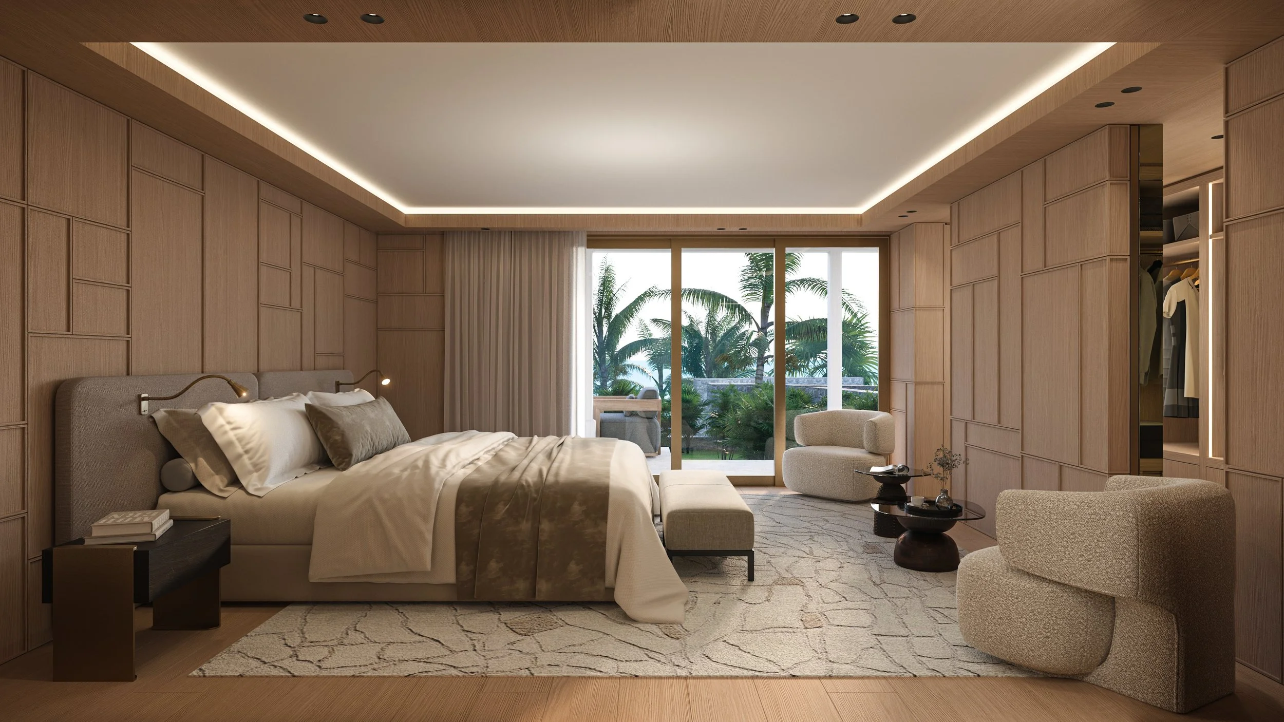 Chambre moderne avec lit king-size, meubles en bois clair, grande fenêtre donnant sur un jardin avec palmiers, fauteuils beige, table basse, et un espace de rangement avec vêtements visibles.