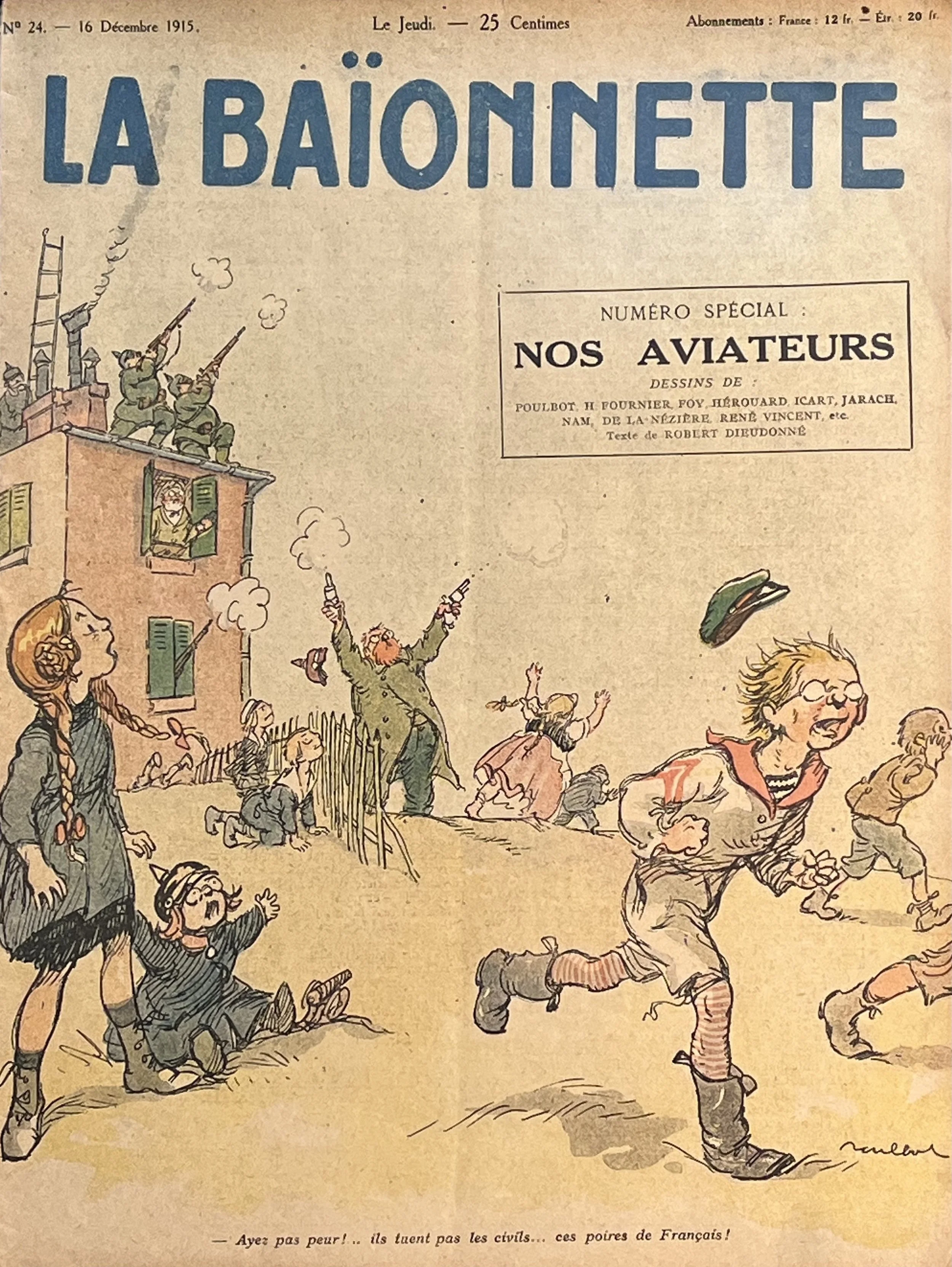 Cover of the 1915 La Baïonnette issue “Nos Aviateurs,” showing children running and ducking as soldiers fire at enemy aircraft overhead, drawn in a light, cartoon style.