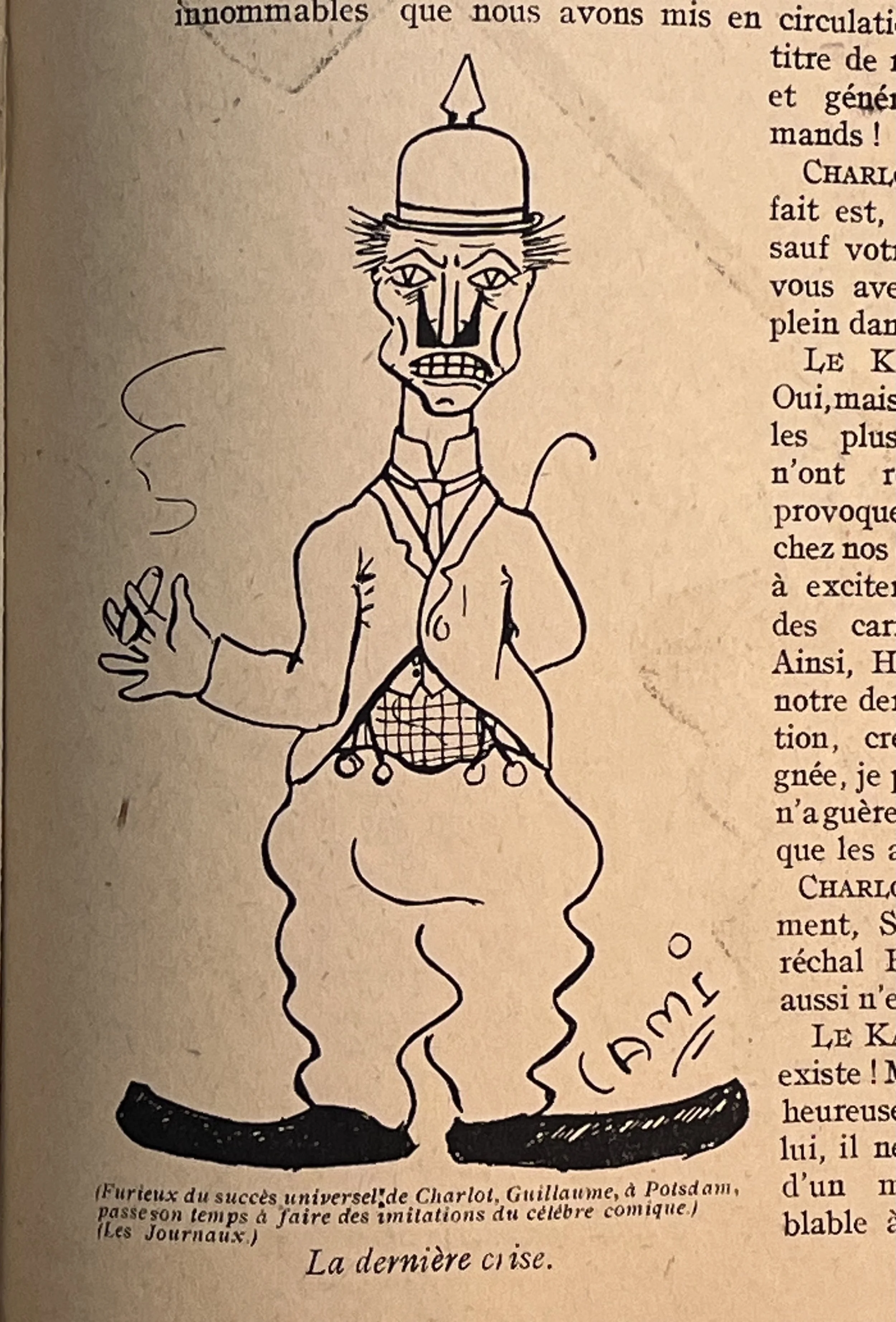 Wartime caricature by Pierre Henri Cami depicting a distorted figure in a helmet, seated with a mallet and flames around the legs.