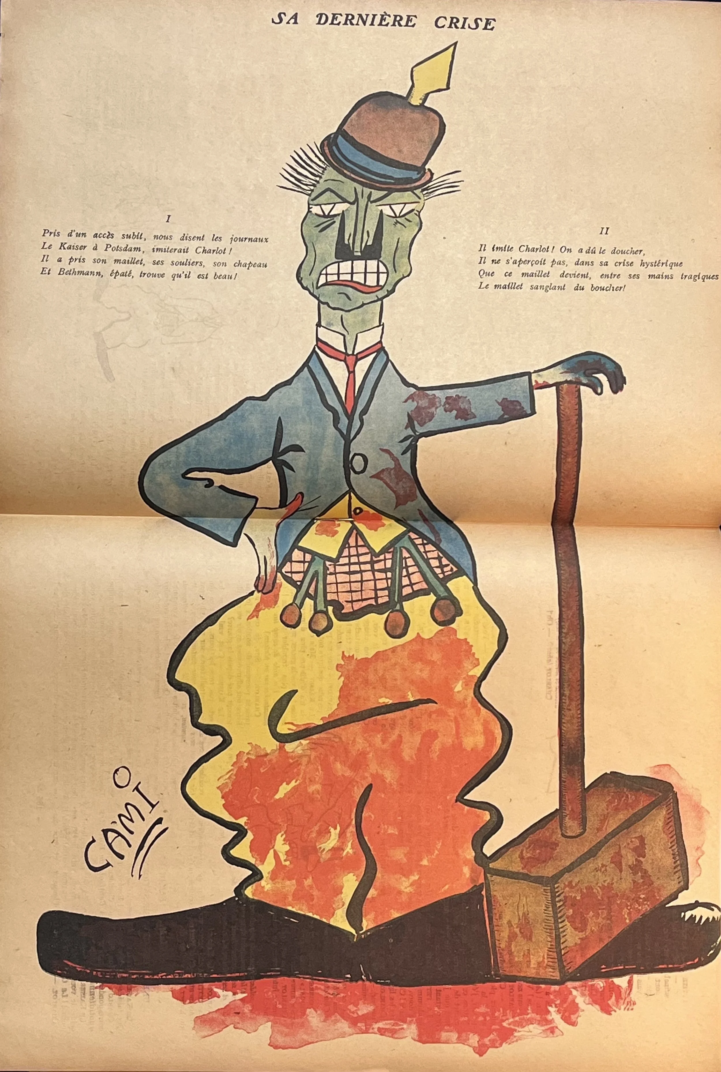Wartime caricature by Pierre Henri Cami depicting a distorted figure in a helmet, seated with a mallet and flames around the legs.