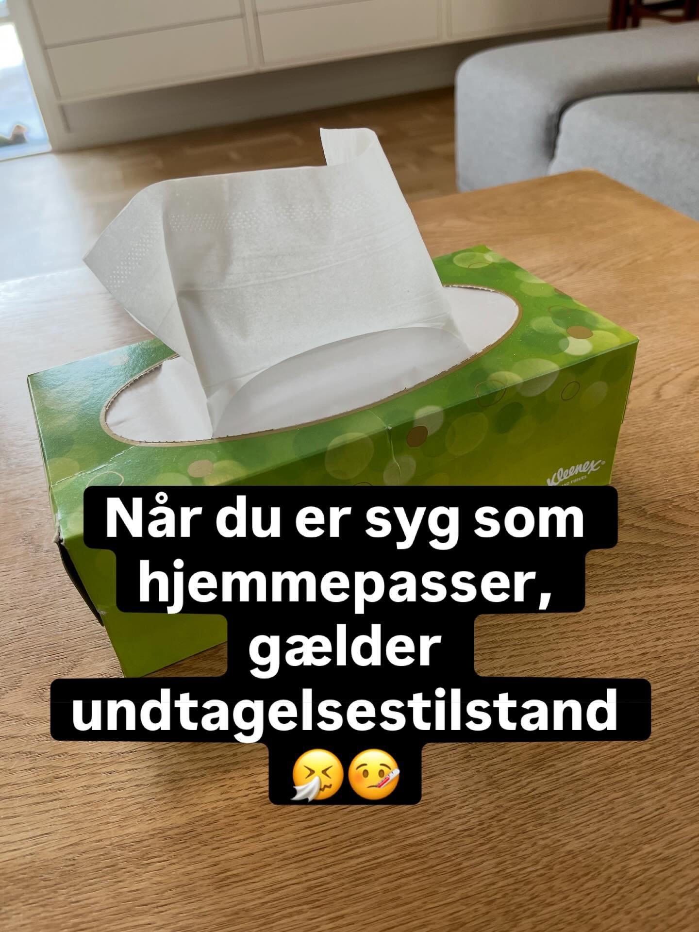 At v&aelig;re syg som hjemmepasser er noget s&aelig;rligt. 

Der er ingen, der tager over.
Der er ingen chef at ringe til og melde sig syg.
B&oslash;rnene er der stadig og har stadig samme behov.

I den perfekte verden kunne man stadig:
&ndash; v&ael