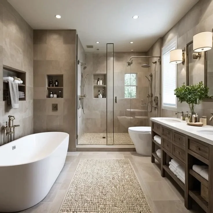 Modern bathroom with a white freestanding bathtub, a glass-enclosed shower, a toilet, a wooden vanity with a white countertop, large windows, and neutral-tone tiles.