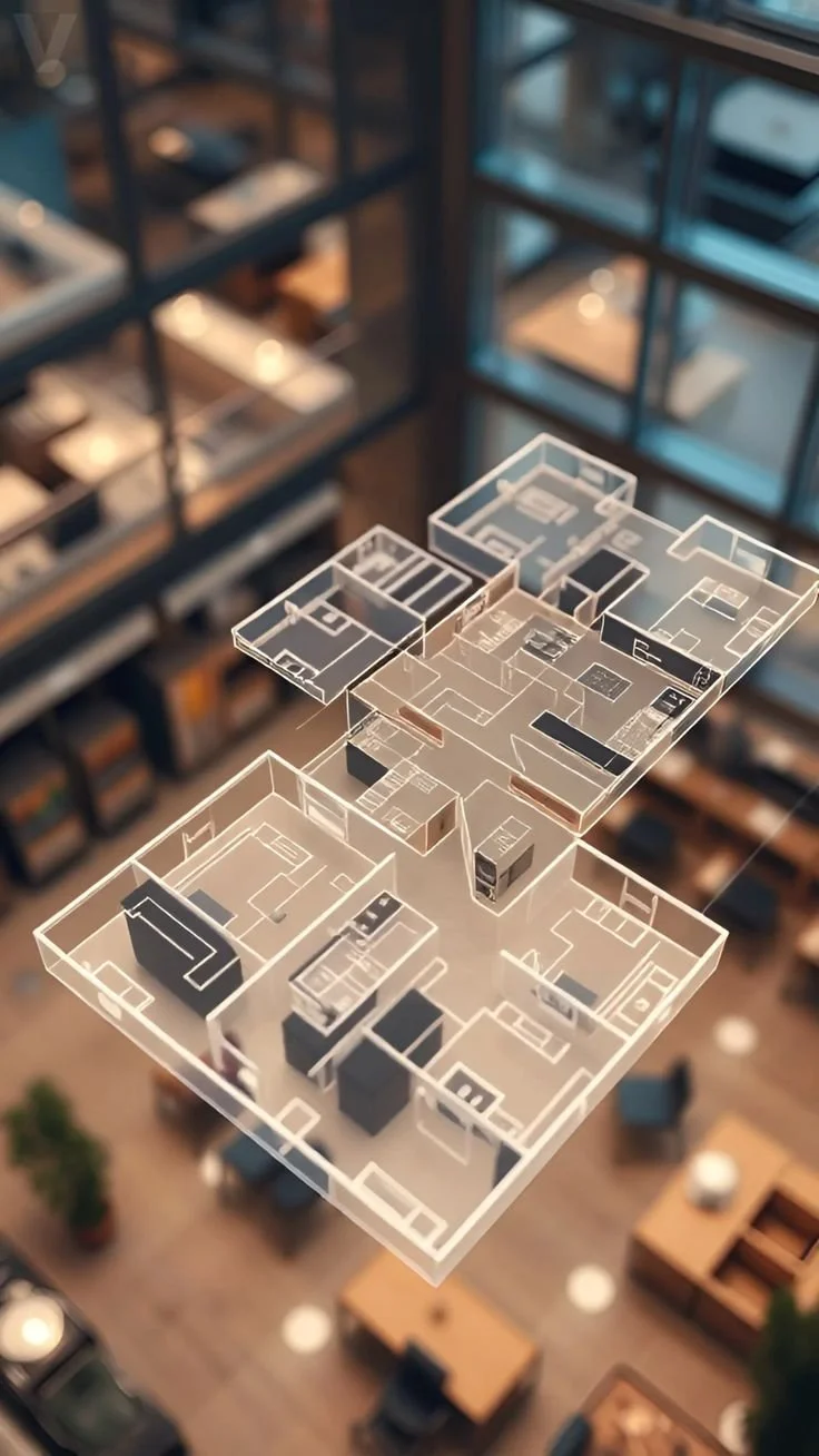 A 3D-rendered miniatures of a modern apartment layout floating above a shopping mall interior.