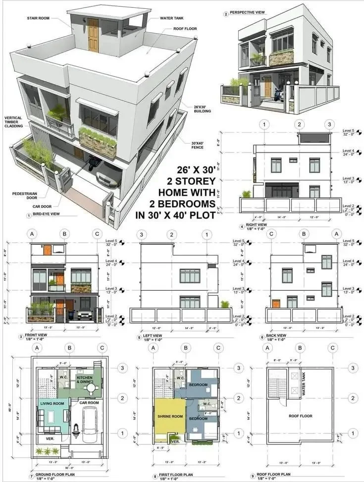 Architectural plans and 3D views of a two-story, 26 by 30-foot modern home with two bedrooms. Features include water tank, roof floor, fencing, and parking area.