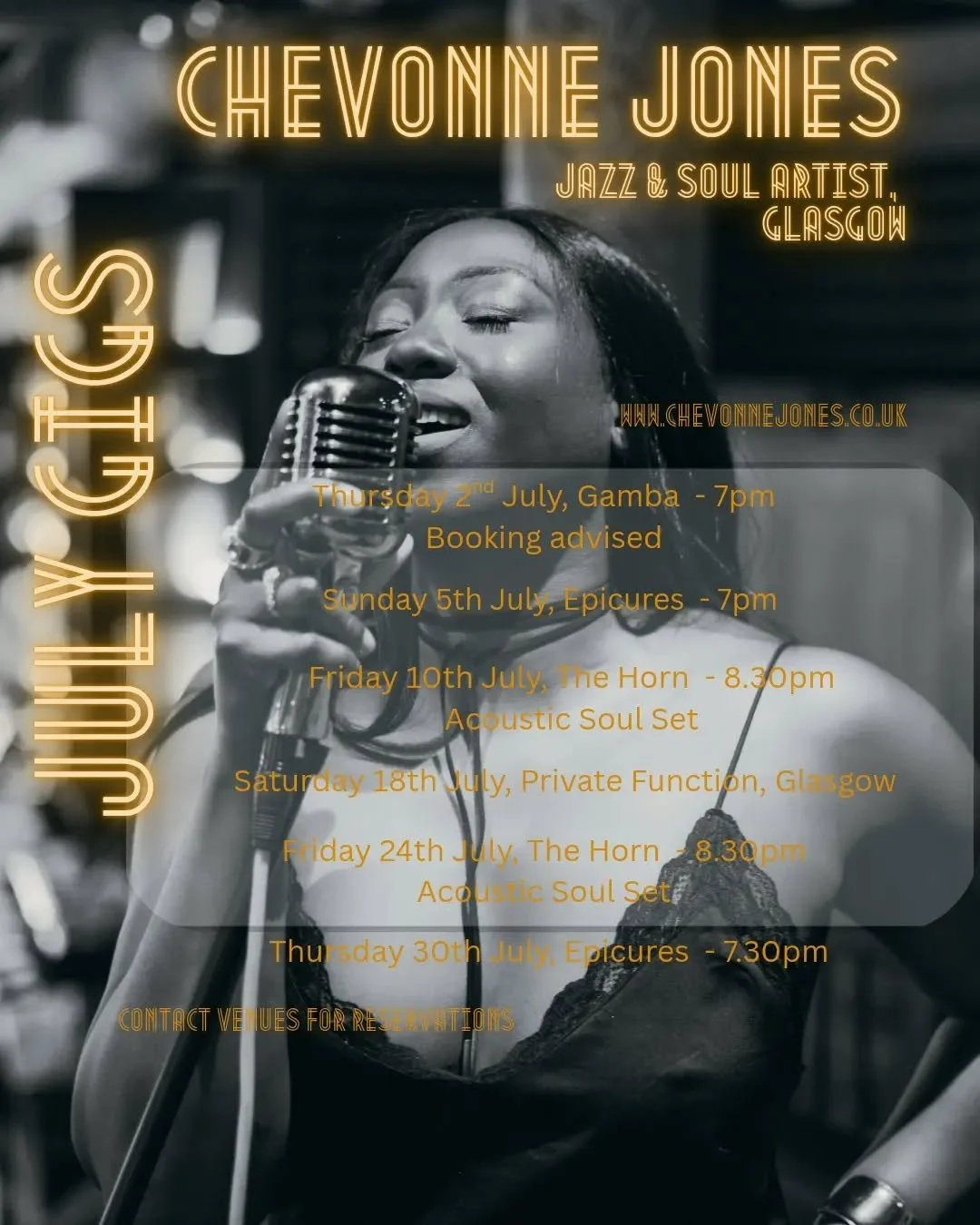 July&rsquo;s itinerary. ✨

​Bringing something special to the stage this month with my wonderful guitarists @lloyd_tzigane and @kylehood24 

No rush, just pure, curated energy. 

Which night am I seeing you?

​The Lineup:

​Thursday 2nd | @gambaglasg