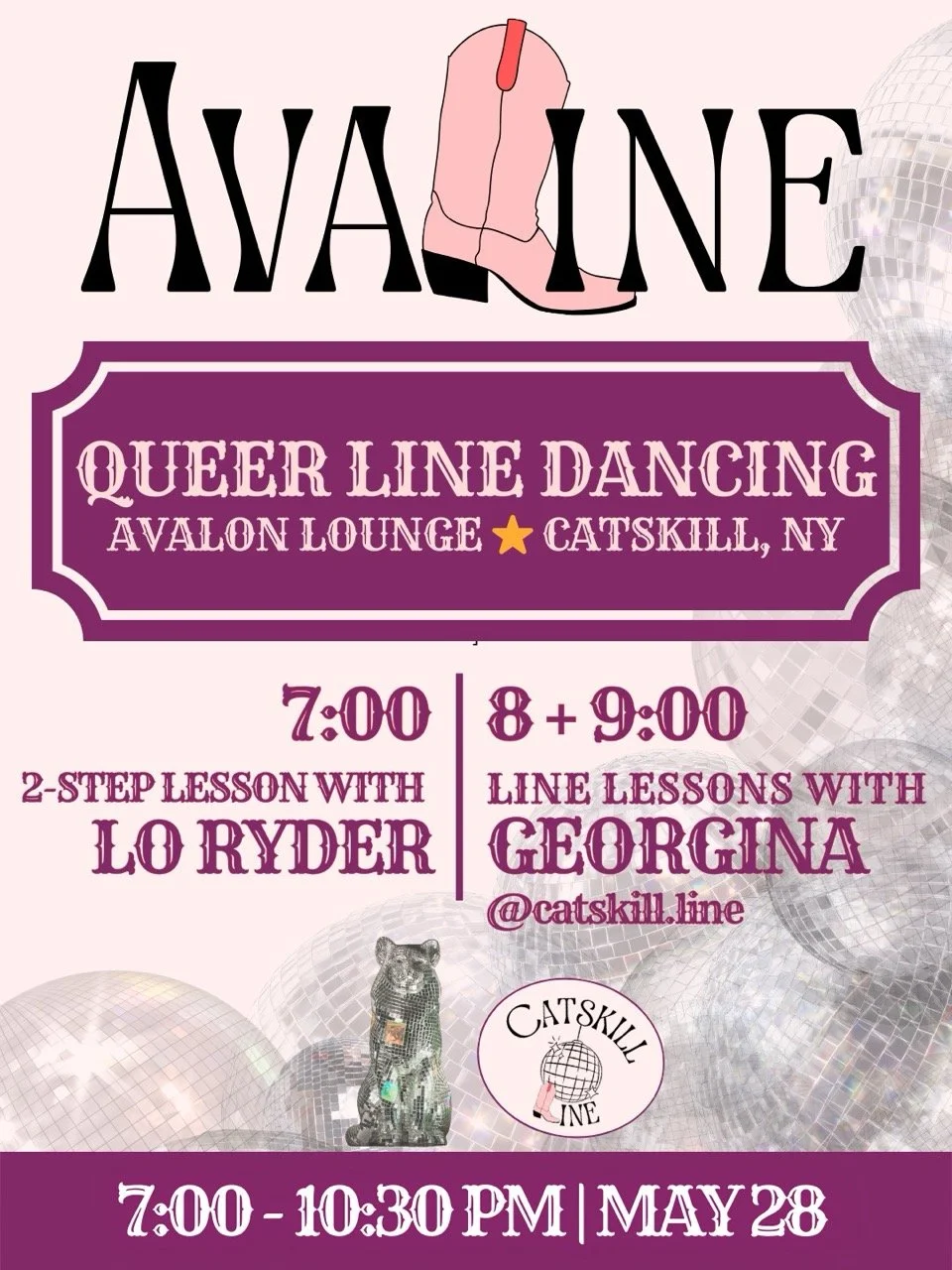 Event poster for Queer Line Dancing at Avalon Lounge in Catskill, NY, featuring a pink cowboy boot and disco balls, with details of lessons at 7:30, 8, and 9 pm on December 18.