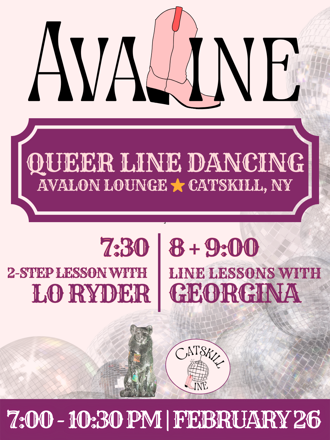 Event poster for Queer Line Dancing at Avalon Lounge in Catskill, NY, featuring a pink cowboy boot and disco balls, with details of lessons at 7:30, 8, and 9 pm on December 18.