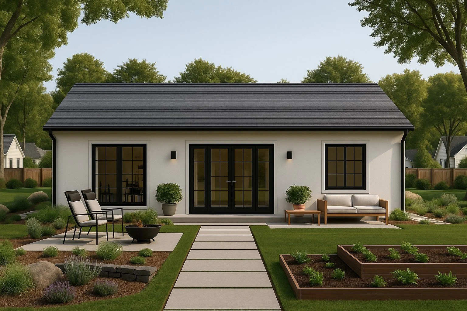 A modern backyard with a swimming pool, white lounge chairs, desert plants, and a covered patio area with outdoor seating.