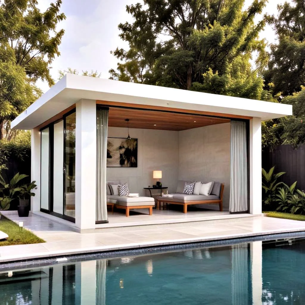 Modern outdoor pool house with glass sliding doors, a shaded seating area with couches, pillows, a lamp, and artwork, surrounded by greenery.
