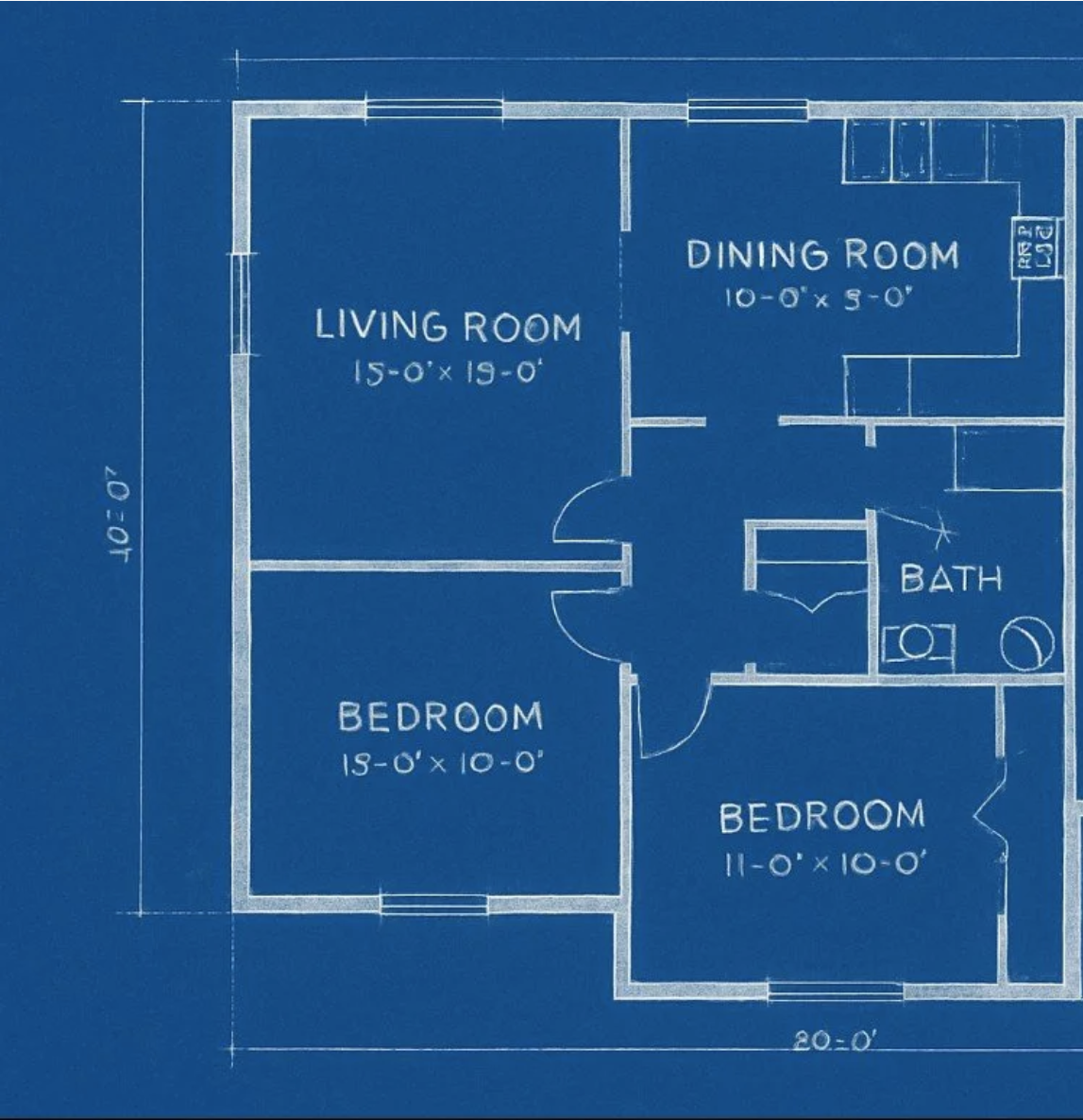 Blueprint of a house with labeled rooms: living room, dining room, three bedrooms, and a bathroom, with dimensions.