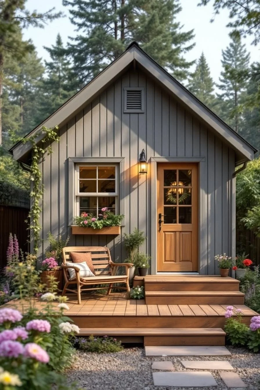 A charming cottage with gray vertical siding, a wooden door with six glass panes, a small front porch with wooden steps, surrounded by colorful flowers, potted plants, and a garden bench, with tall trees in the background.