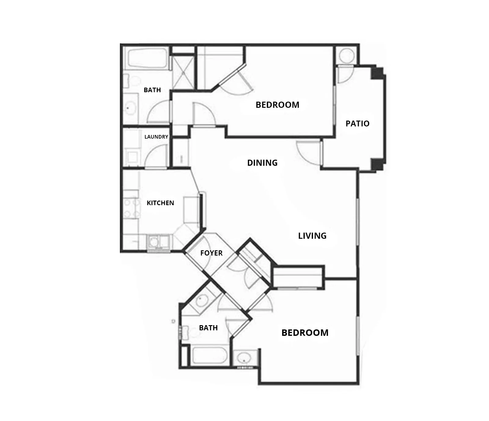 Floor plan of a house with two bedrooms, two bathrooms, a kitchen, laundry, foyer, living and dining area, and a patio.