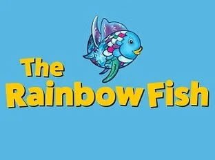 Colorful cartoon rainbow fish with a smiling face, swimming above the text 'The Rainbow Fish' on a blue background.