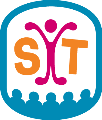 A logo featuring the letters S and T, with a stylized human figure between them, surrounded by a blue rounded square with a crowd at the bottom.