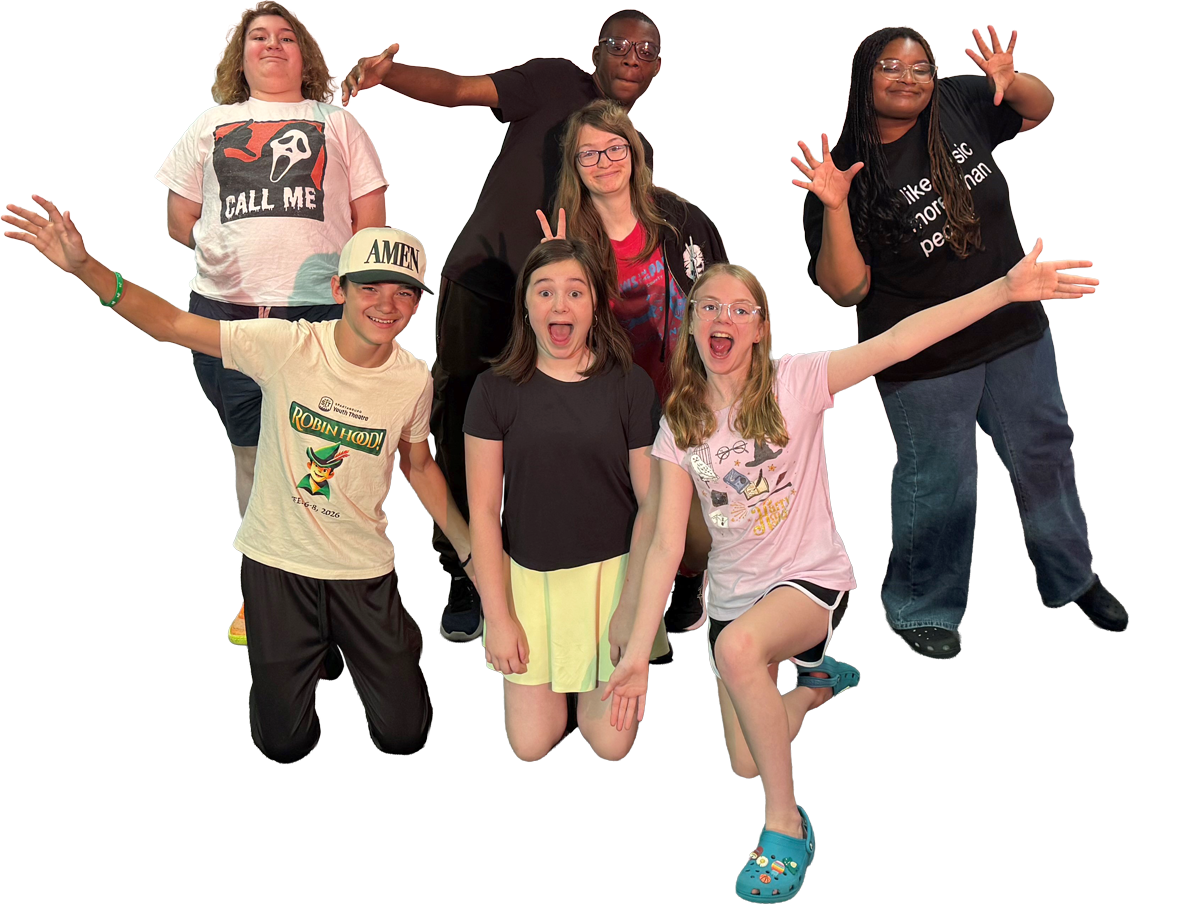 Group of seven diverse children and teenagers posing together cheerfully, some with arms raised, against a colorful backdrop.