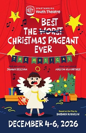 Poster for Spartansburg Youth Theatre's Christmas musical titled 'Best The Worst Christmas Pageant Ever,' scheduled for December 4-6, 2026. Features a smiling angel with dark hair, wings, and a yellow dress, standing in front of a decorated Christmas tree and wrapped presents. Bright yellow stars, musical notes, and colorful banners adorn the poster.
