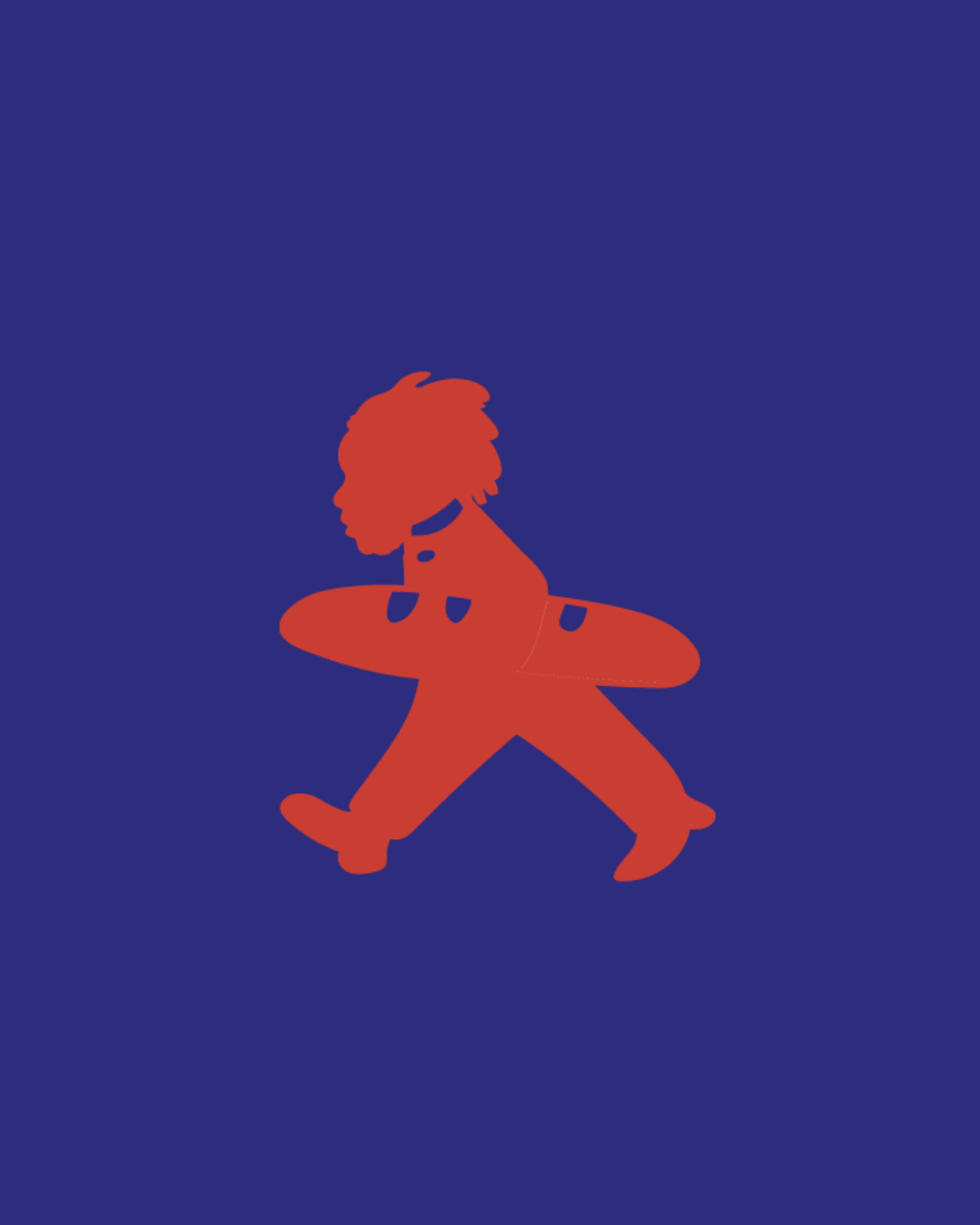 A stylized image of a person with curly hair in shades of red and blue, walking confidently with a loaf of fresh bread