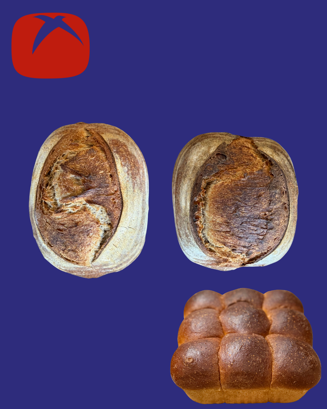 Two loaves of bread and one bun on a dark blue background with a red logo in the top left corner.