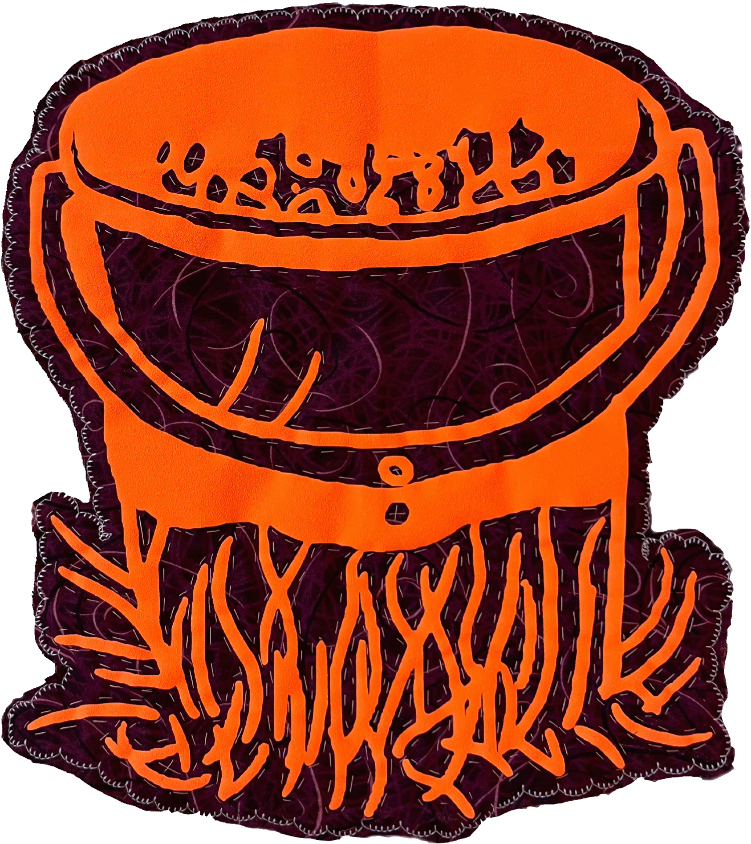 Bucket. Let`s hide! heat transfer vinyl, heirloom textile, synthetic thread, batting, used bed linen, 2024. Photo: I.T.K