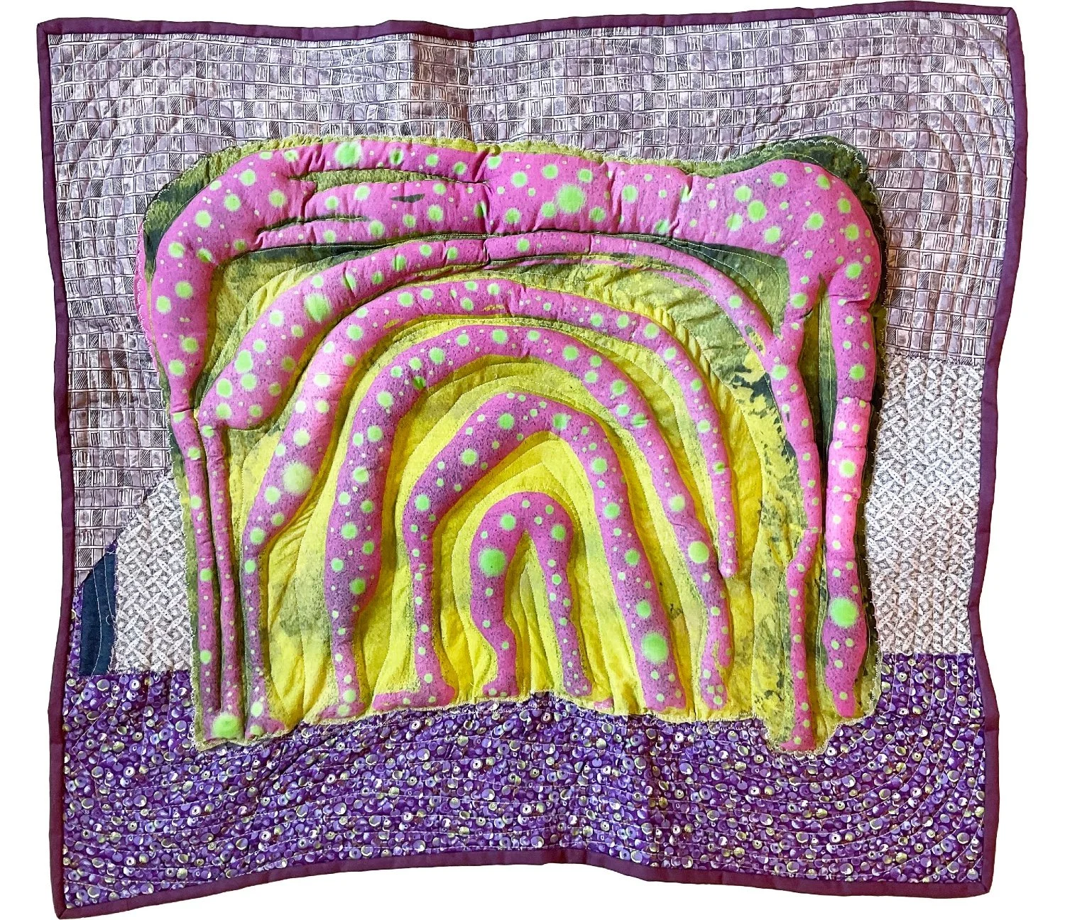 The Marsh/Myra, reactive digital textile print, heirloom textile, synthetic-, saishiko thread, batting, used bed linen, 82 x 72 cm, 2024. Photo: I.T.K