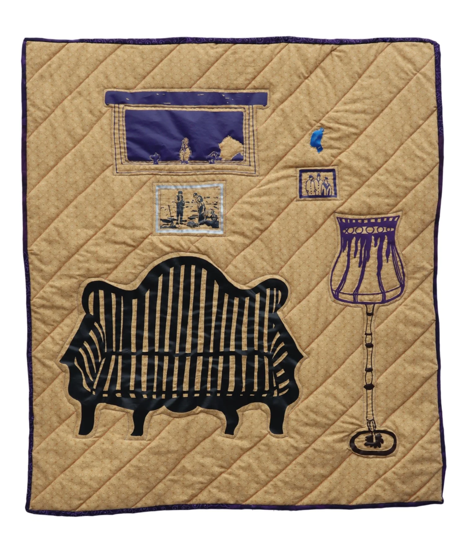 The south living room/Sørstua, heat transfer vinyl, heirloom textile, synthetic-, embroidery thread, batting, used tablecloth, 99 x 110 cm, 2022. Photo: I.T.K